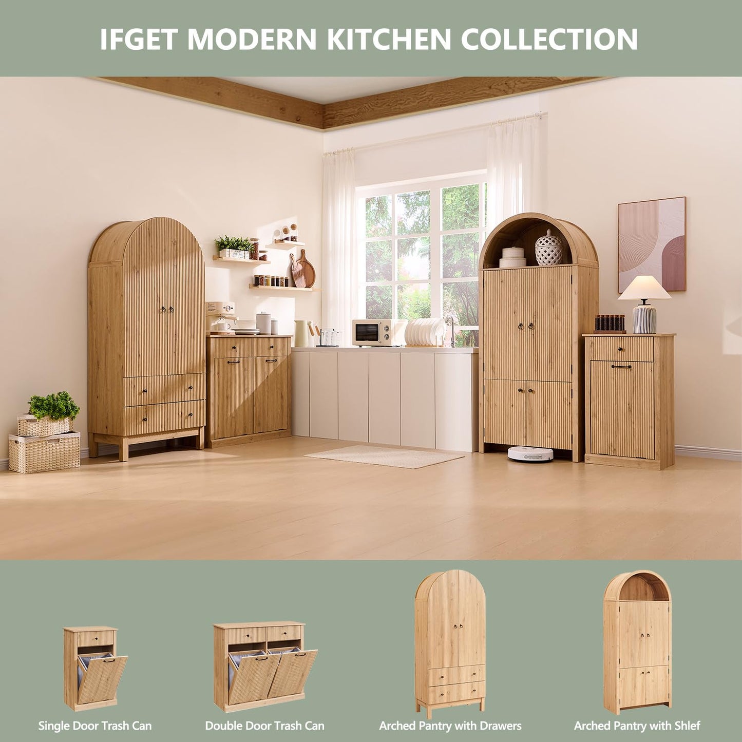 IFGET 71" Tall Arched Kitchen Pantry, Modern Fluted Wood Storage Cabinet with Doors, 3 Adjustable Shelves, 6 Door Shelves, Organizer, Versatile Cupboard for Kitchen, Bathroom, Natrual