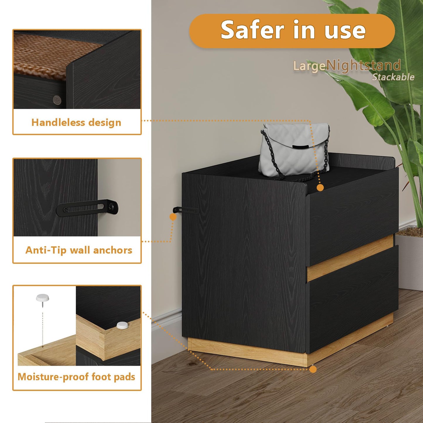 DAELIFKER Large Modern Nightstand Black Bedside Table, 2 Drawer Dresser Wood Stackable Storage Drawers for Clothes for Closet, Bedroom, 24"x16"x20"