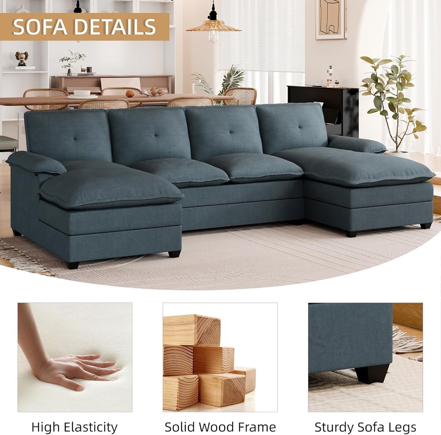 JAMFLY 110" Sectional Couches for Living Room, U-Shaped Couch 4 Seat Sofas with Double Chaises, Modern Modular Sectional Sofa Set for Apartment Furniture for Apartment, Dark Grey