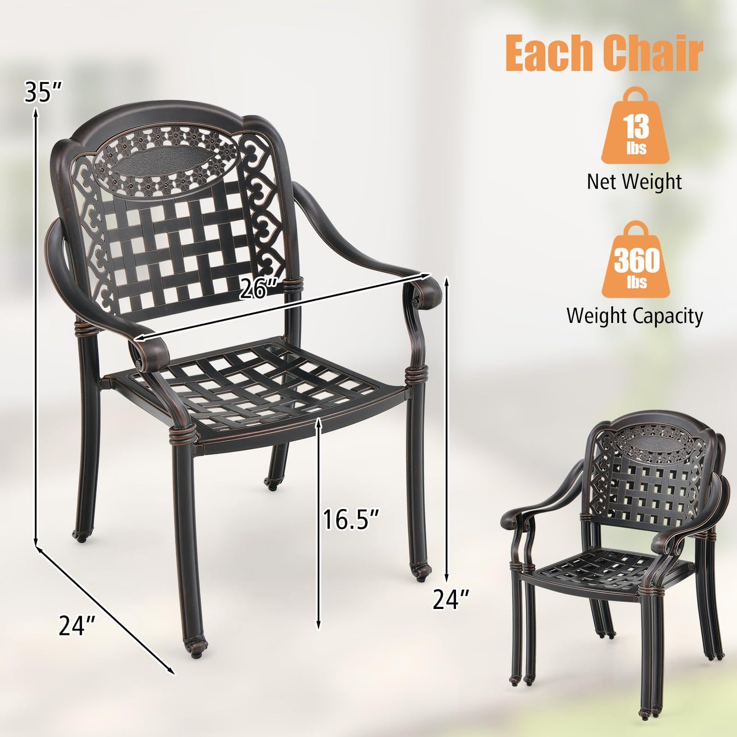 Tangkula Set of 4 Cast Aluminum Patio Dining Chairs, Stackable Outdoor Dining Chairs with Armrests, Outdoor Bistro Chairs for Balcony, Backyard, Garden