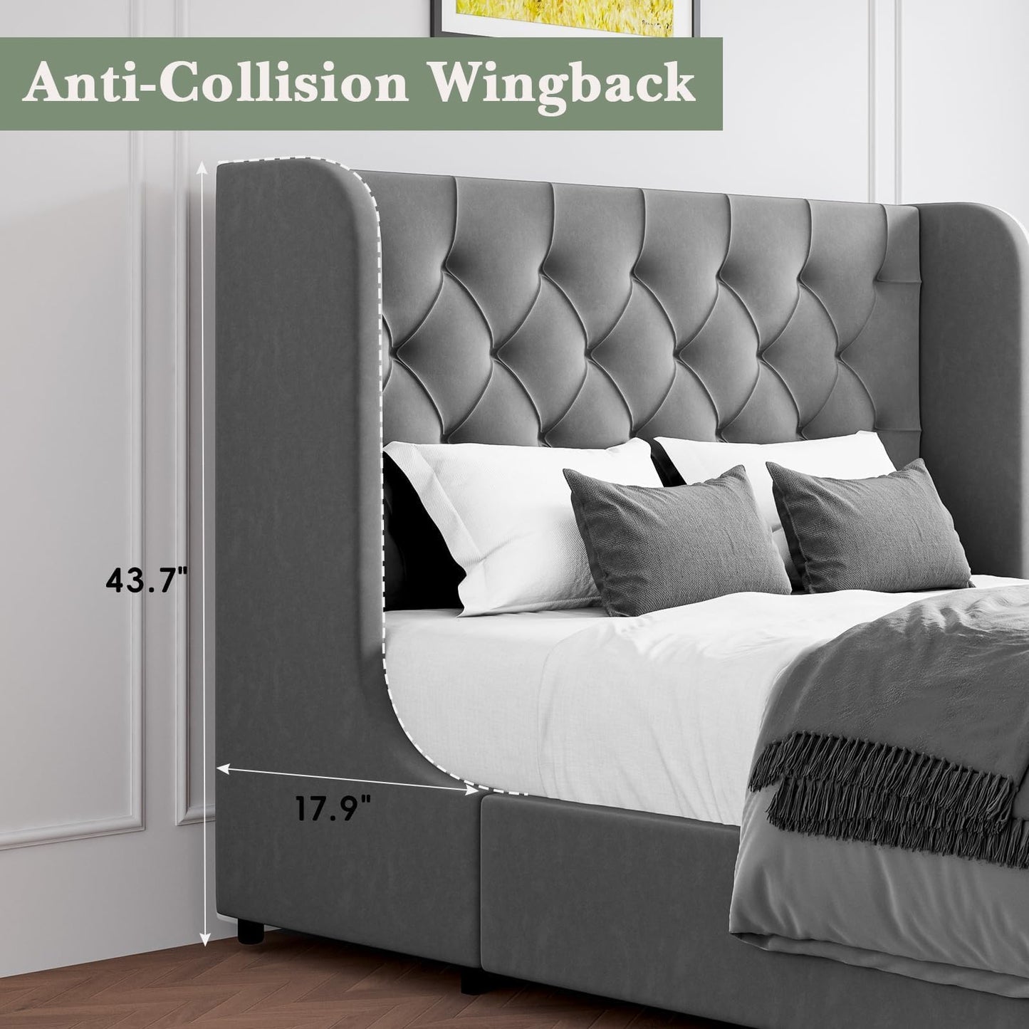 HOMBCK Grey Queen Bed Frame, Velvet Upholstered Platform Bed Frame with Headboard, Curved Wingback Design, Wooden Slats, No Box Spring, Noise Free, Easy Assembly