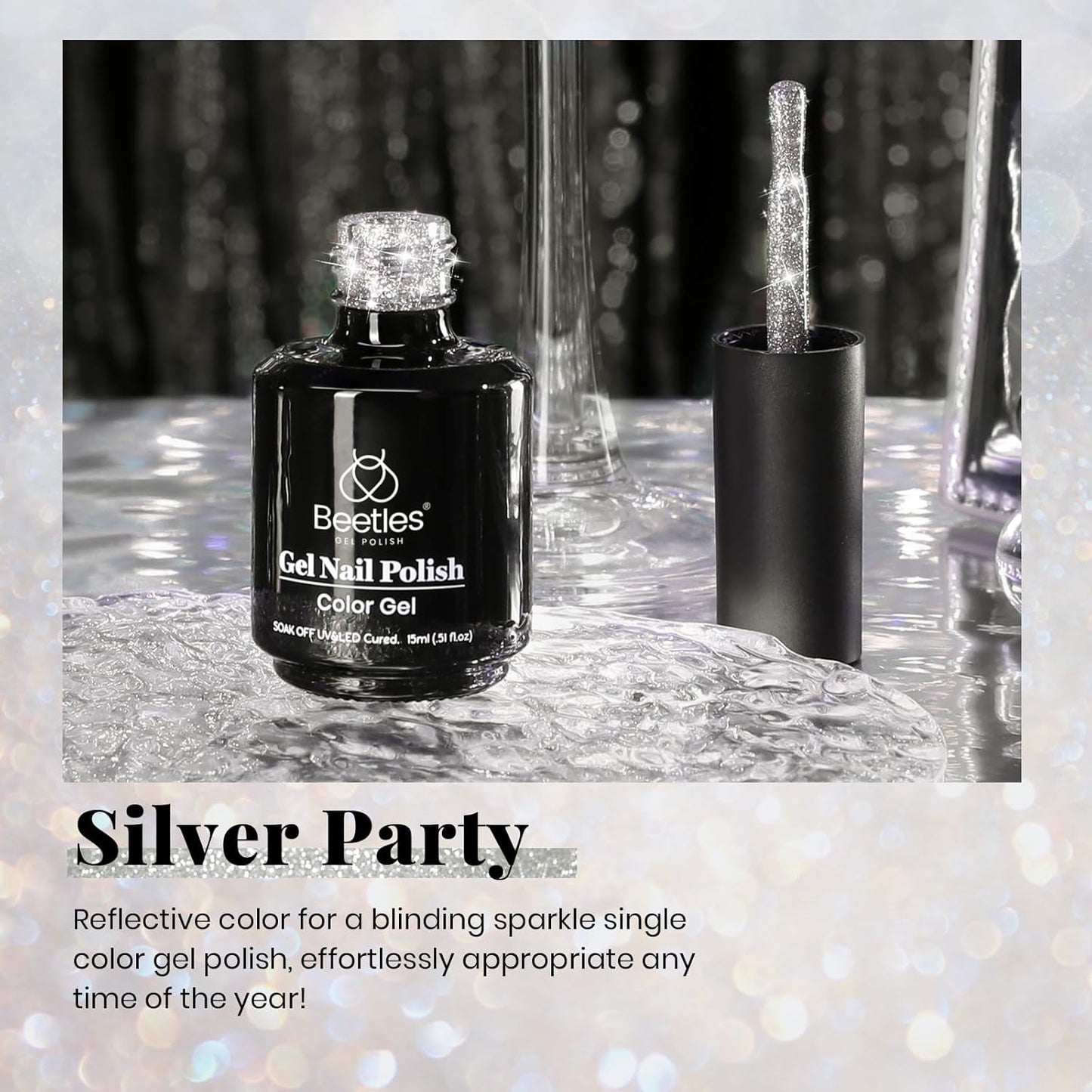 Beetles Reflective Gel Nail Polish 15ml Silver Glitter Nail Polish Shimmer Soak Off Uv LED Lamp Gel Nail Art Manicure Salon DIY Home Diamond