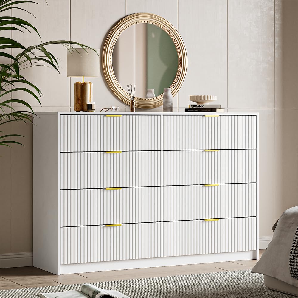 MAISONARIA White Dresser for Bedroom, 8 Drawer Double Dresser, Modern Chest of Drawers for Bedroom, Living Room, Entryway and Closet, 55" L x 15.7" D x 37.4" H