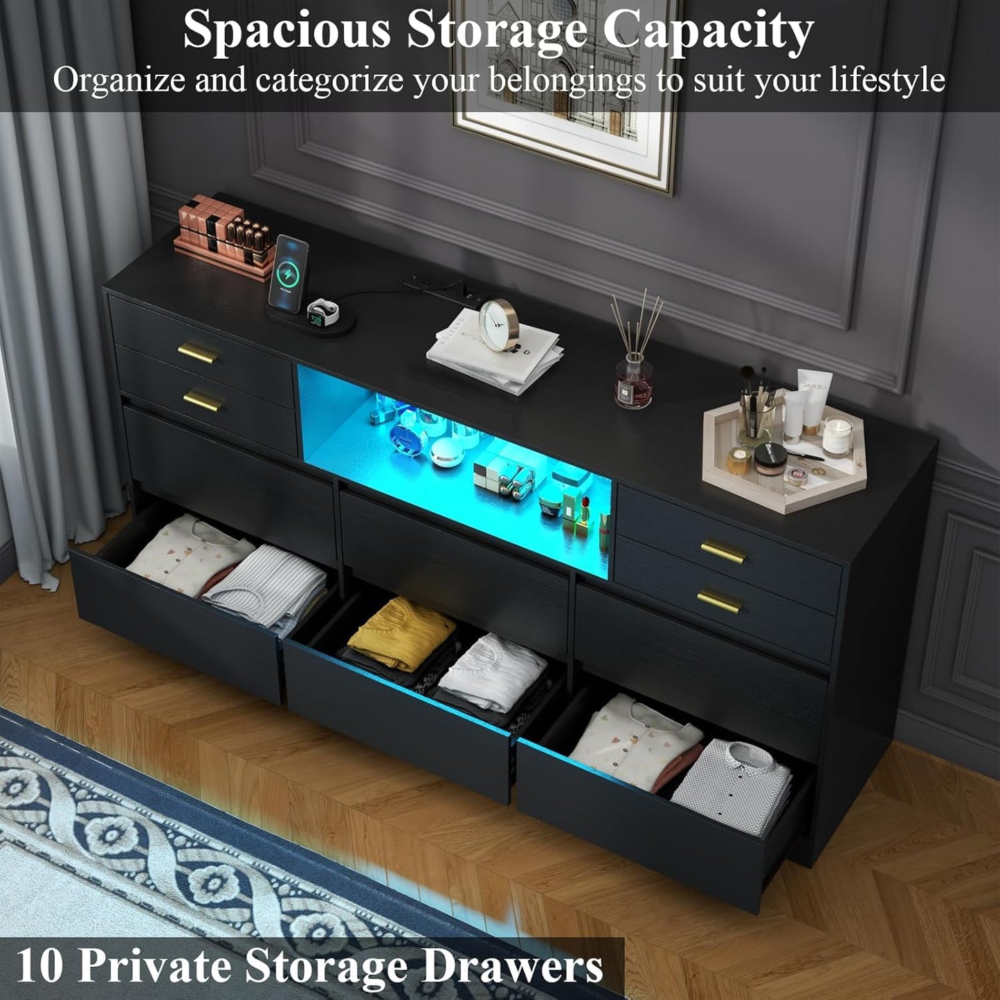 Loomie 10 Drawer Black Dresser with Charging Station & Led Lights for Bedroom, Long 58" Triple Wide Dresser TV Stand for TVs up to 65", Wide Chest of Drawer, Large Dressers Organizer with Open Cubby