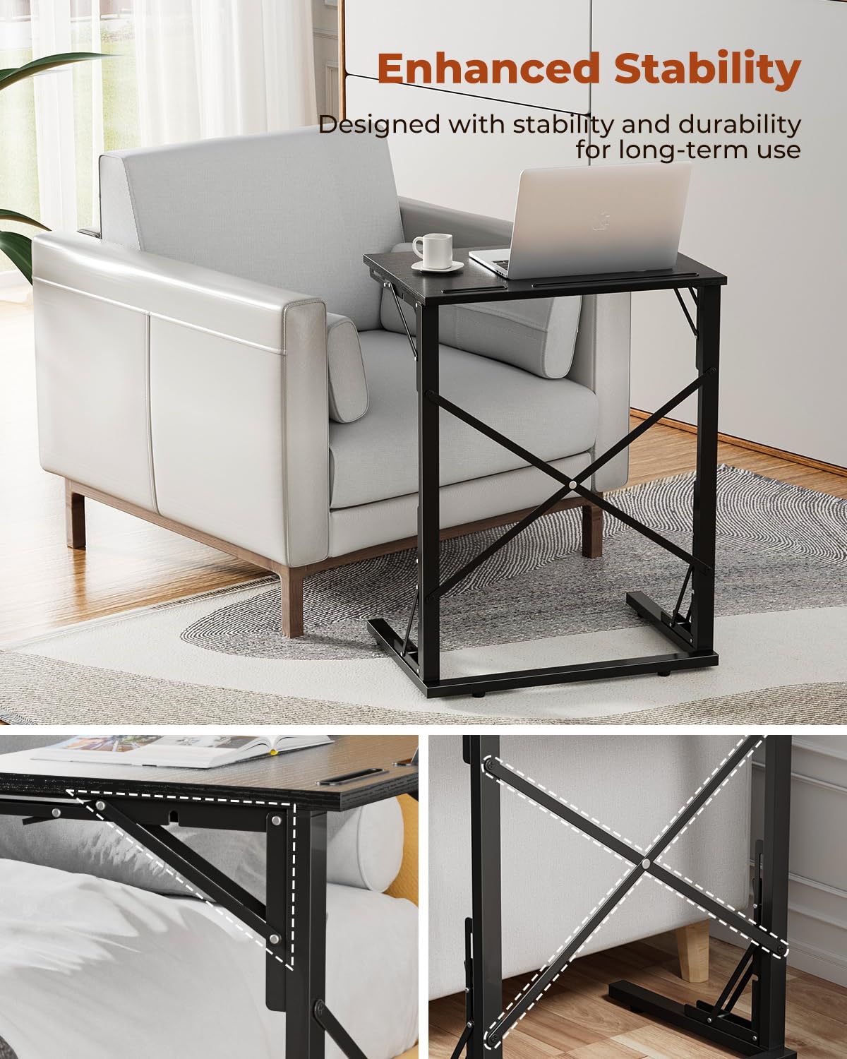 Evermagin 21''Wx28''H TV Tray Set of 2, Small Foldable C-Shaped End Table for Eating with Tablet and Phone Slots, Slide Under Couch Side Table for Recliner, Living Room, Bedroom, Black