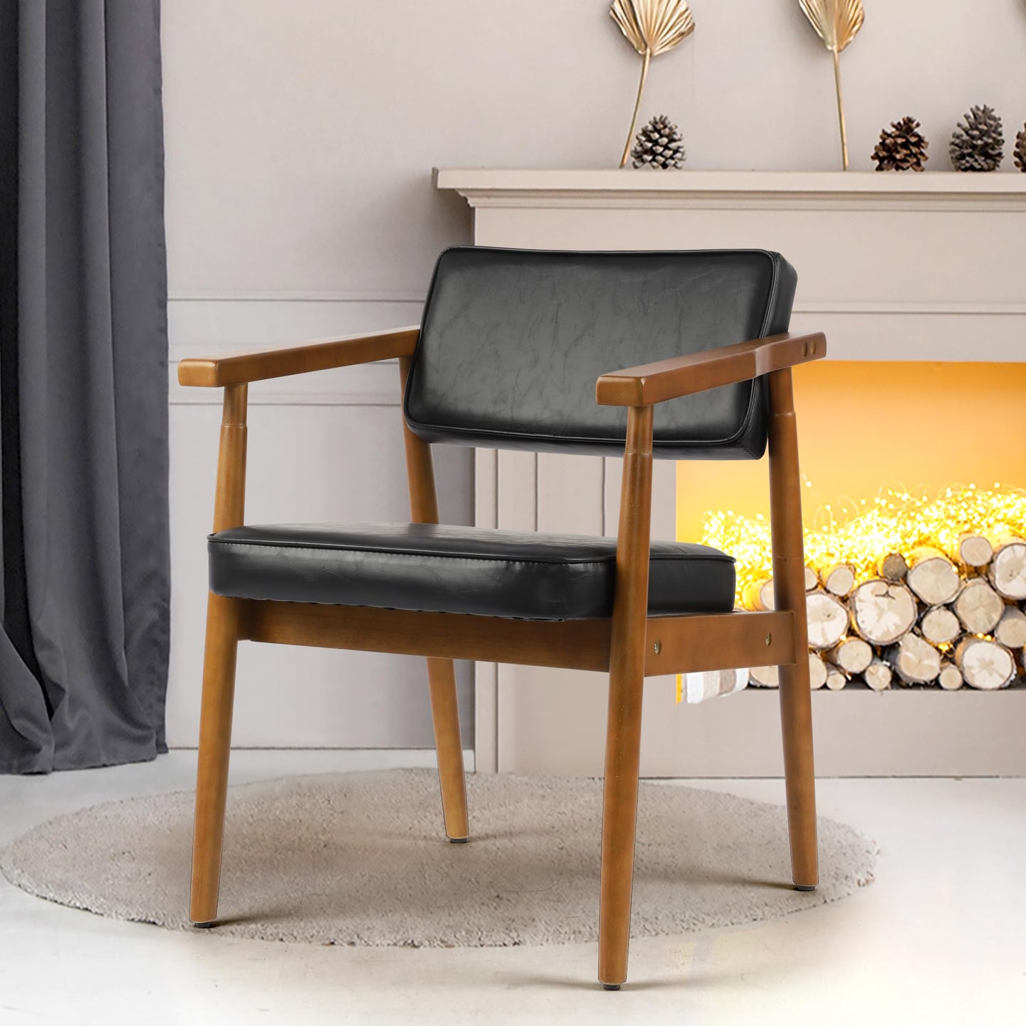 LSSPAID Mid Century Dining Chairs with Wooden Handrail, Black Fabric Upholstered Faux Leather Armchair Comfy Backrest Modern Kitchen Chairs for Bedroom Living Room Dining Room, Set of 1