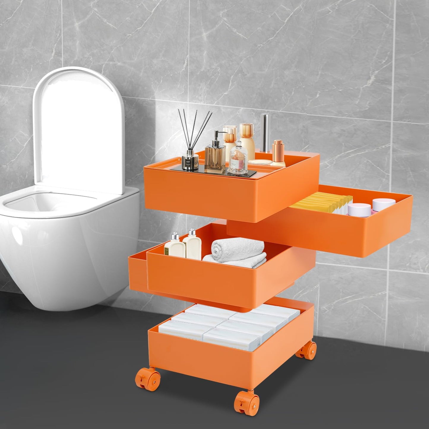 Namiose 360° Movable Rotating Storage End Table Sofa Side Cabinet Laptop Bedside Table with 5 Tiers Shelves 4 Universal Casters for Living Room Bedroom Sofa Dormitory (Orange)