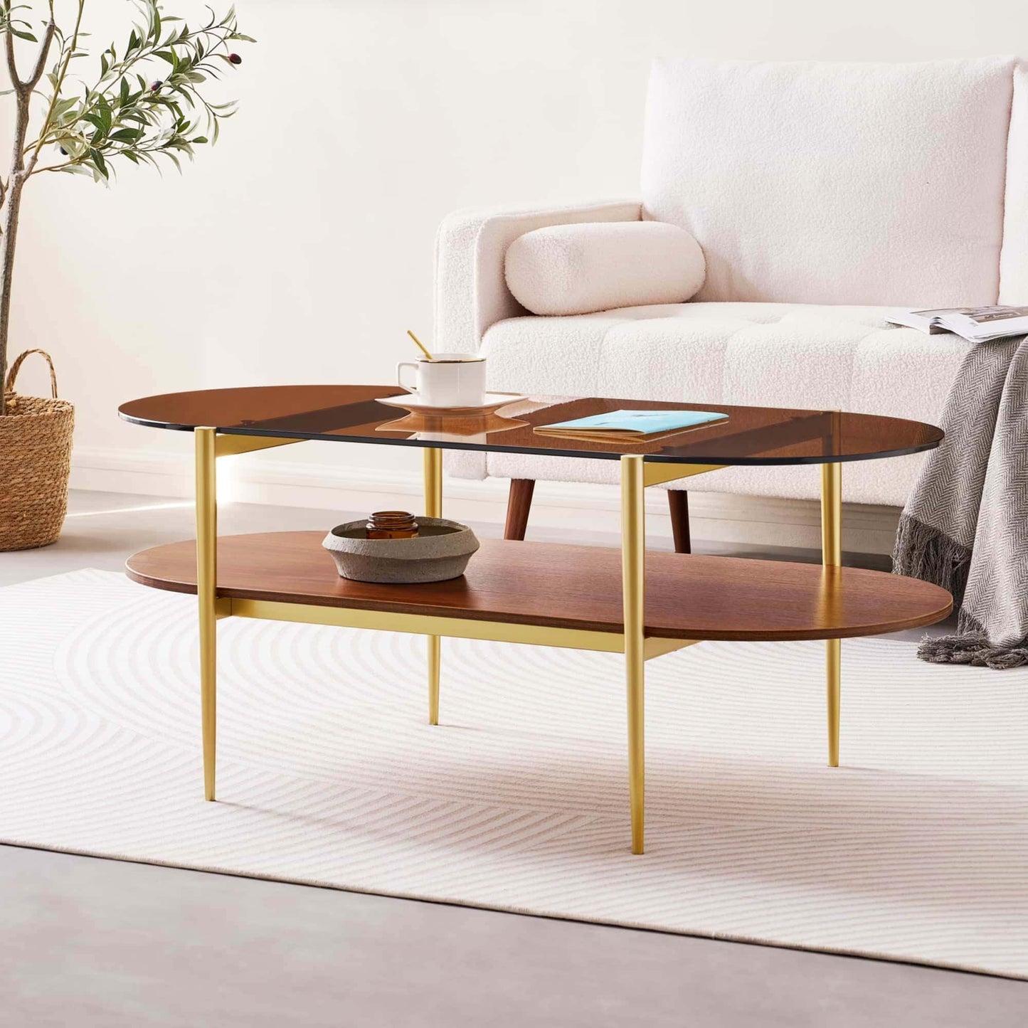 LumFurn Oval Glass Coffee Table, Mid-Century Modern Design, L41 x W21 x H17 inch, for Living Room, 2-Tier Structure, Amber Glass Top and Walnut Finish Wood Shelf, Conical Legs with Gold Finish Frame