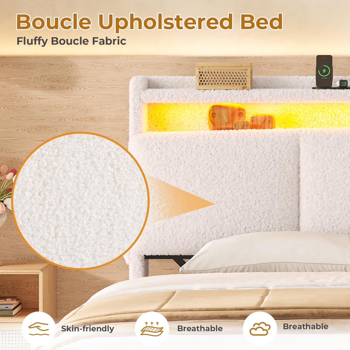 MSmask Boucle Bed Frame Queen Size, Upholstered Bed Frame with Storage Headboard and 4 Drawers, Soft Platform Bed with LED Lights and Charging Station, No Box Spring Needed, Off-White