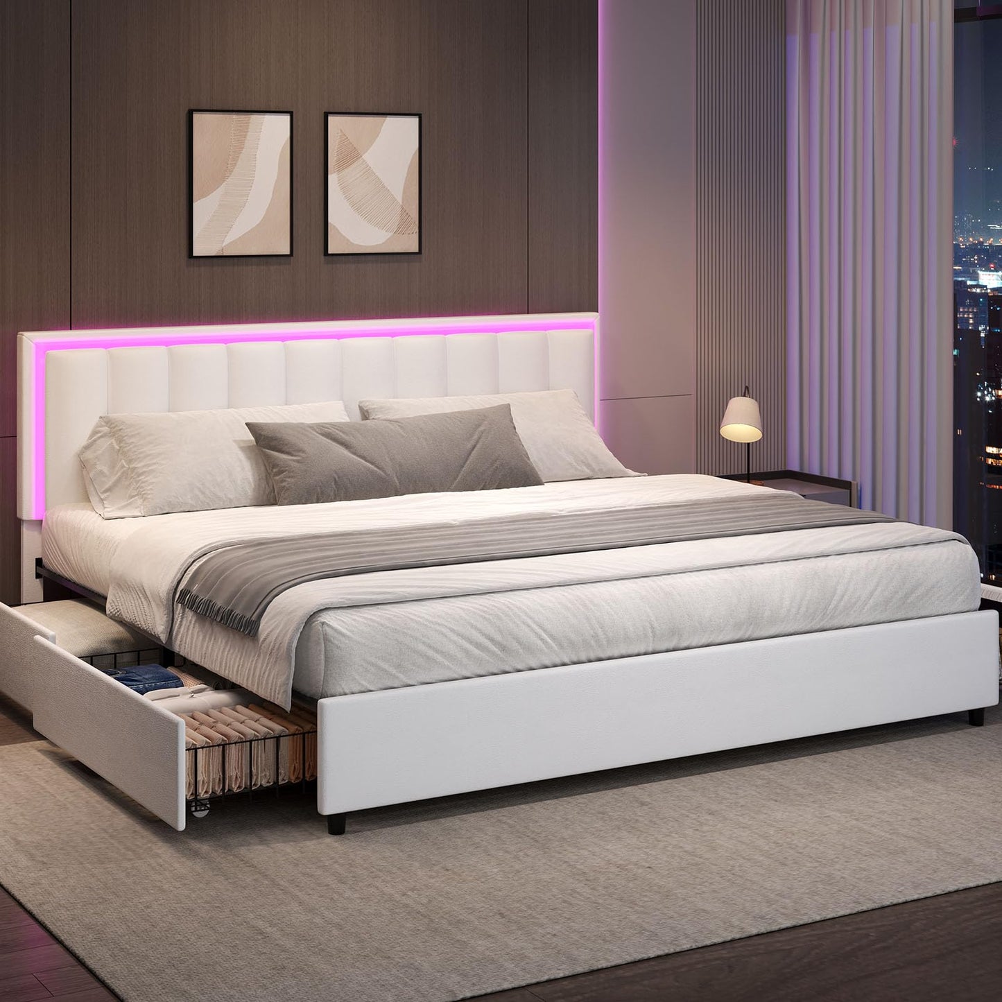 IMMERSTABLE King Bed Frames with 4 Drawers, Bed Frame King Size with LED Lights, Upholstered Bed Frame King Size and Headboard, No Box Spring Needed, Noise-Free, Easy Assembly, White