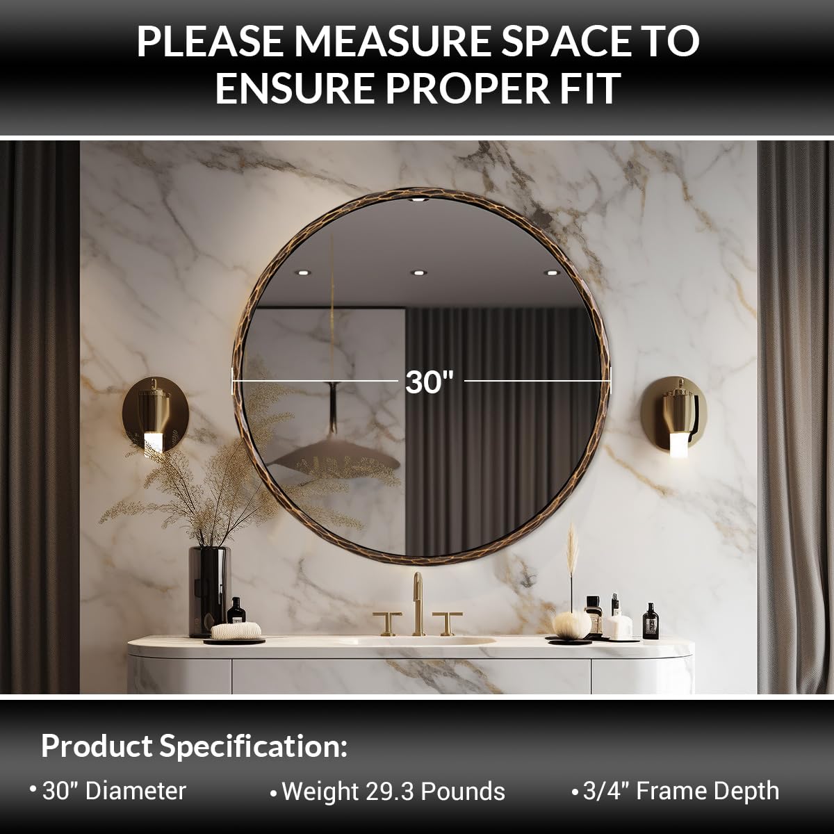ANDY STAR Hand-Forged Bronze Round Bathroom Mirror, 30 Inch Antique Vanity Circular Mirror, Stainless Steel Rounded Mirrors for Wall Decor, Washroom, Entry, Fireplace
