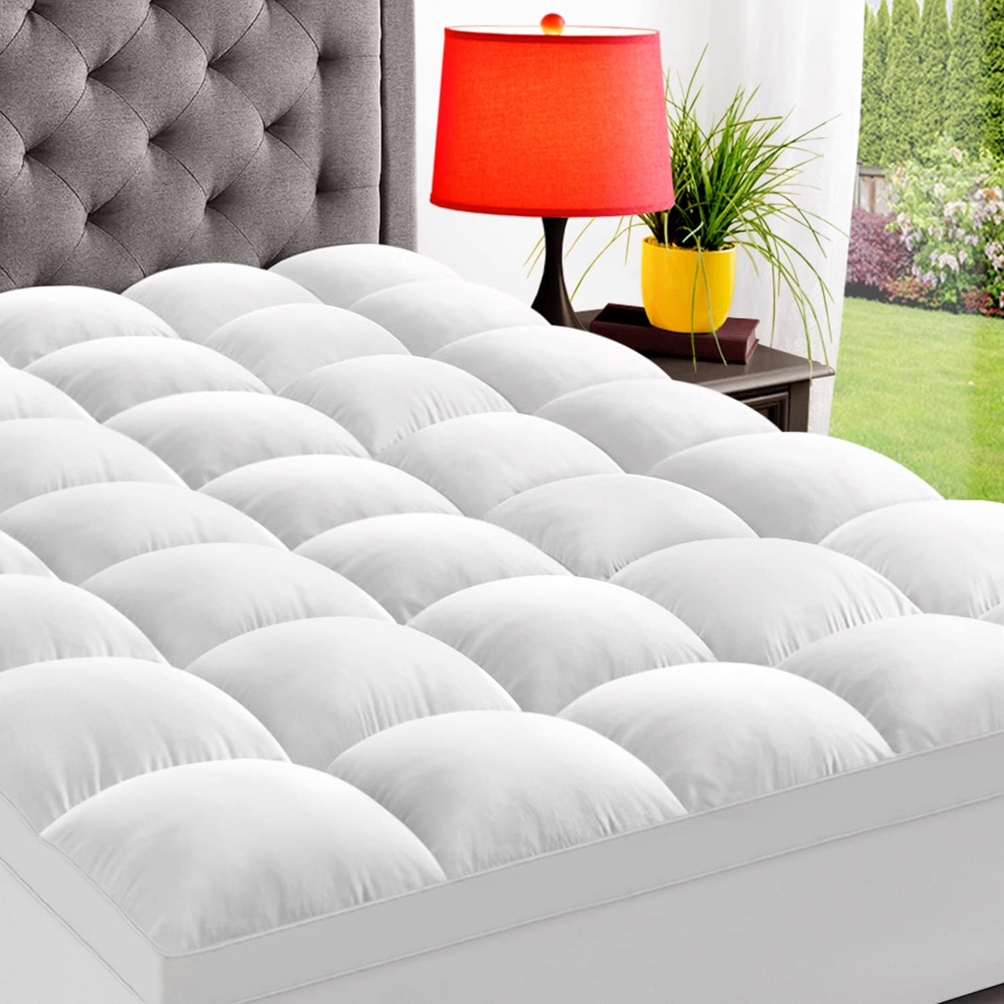 ELEMUSE Super/Olympic Queen Mattress Topper for Back Pain, Extra Thick Mattress Pad Cover, Plush Soft Pillowtop with Elastic Deep Pocket, Overfilled Down Alternative Filling
