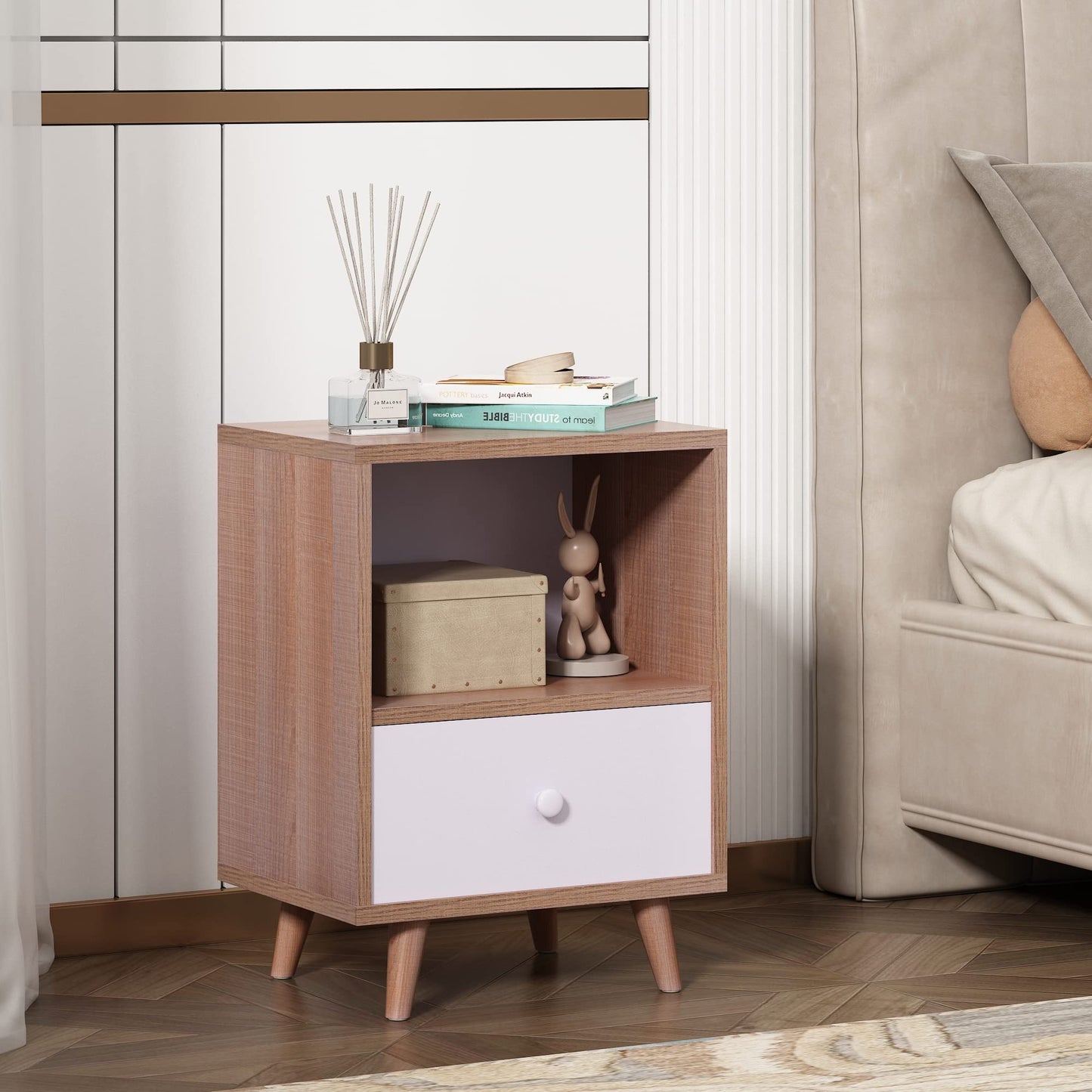 JAXPETY Set of 2 Modern Wood Nightstand, Bedside Table with Drawer, Bedside Furniture, Night Stand, End Table with Open Shelf and Solid Wood Legs for Home Bedroom, Brown