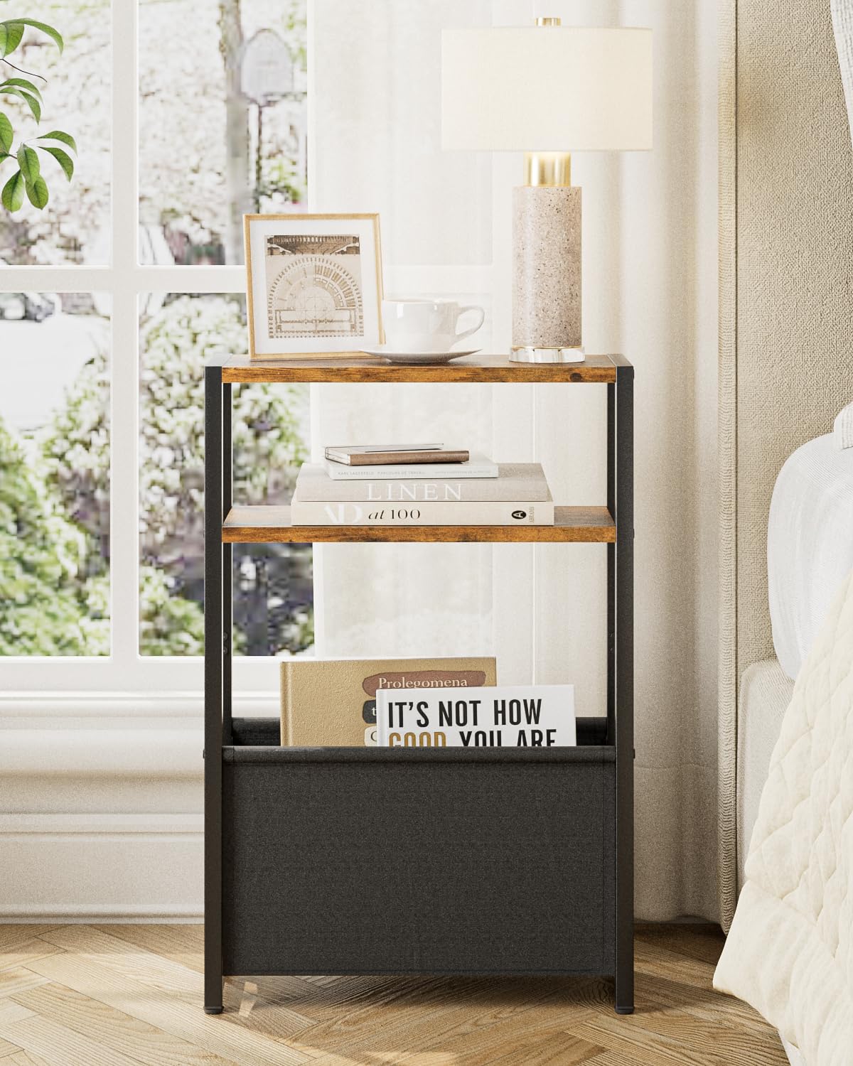 Apetaccat Narrow Side Table End Table, 3-Tier Side Table with Storage Bag, Narrow Nightstand for Small Spaces, Bedside Table for Living Room, Bedroom, Rustic Brown