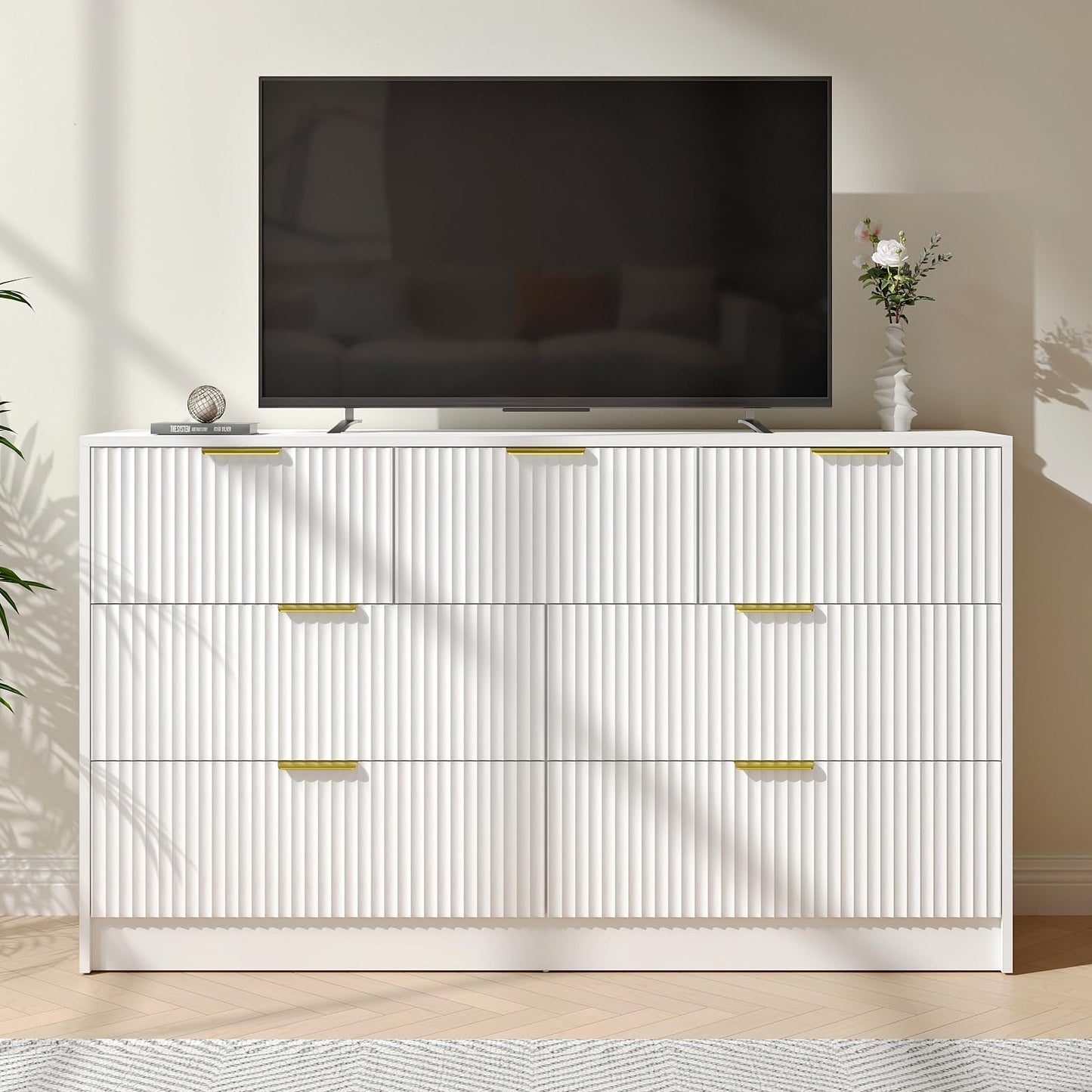 NOVAMAISON White Dresser with 7 Drawer - 55” Wide Fluted Dresser for Bedroom with Metal Handle, Modern Chest of Drawer for Bedroom, Closet, Living Room, White