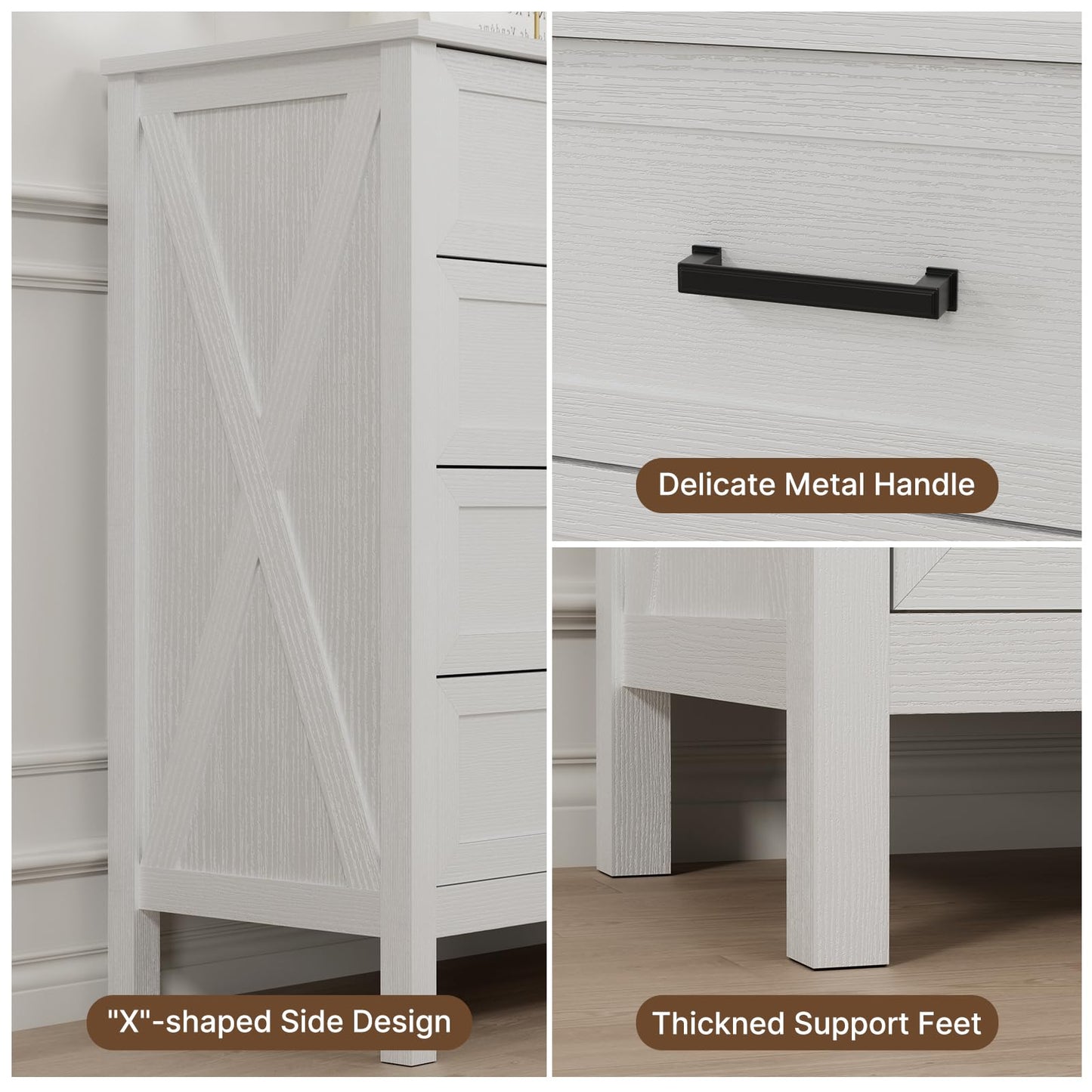 LYNSOM Farmhouse 8 Drawer Dresser for Bedroom, 55 Inch Wide Wood Rustic Chest of Drawers with X-Marking & Bar Handle, Large Storage Dressers Organizer for Bedroom, Living Room, White