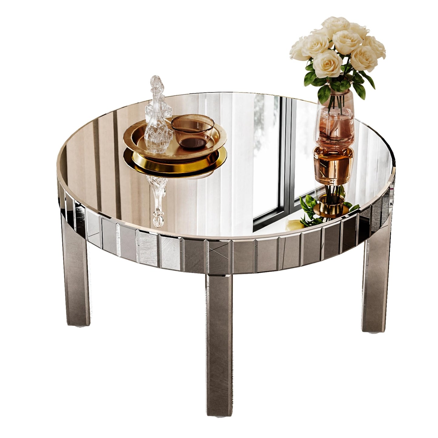 KUVADAZ Silver Mirrored Coffee Table, 31.5" Round Mirror Center Table with Starburst Mirror Mosaic Design, Modern Luxury Mirrored Furniture Glass Top Cocktail Tea Table for Living Room