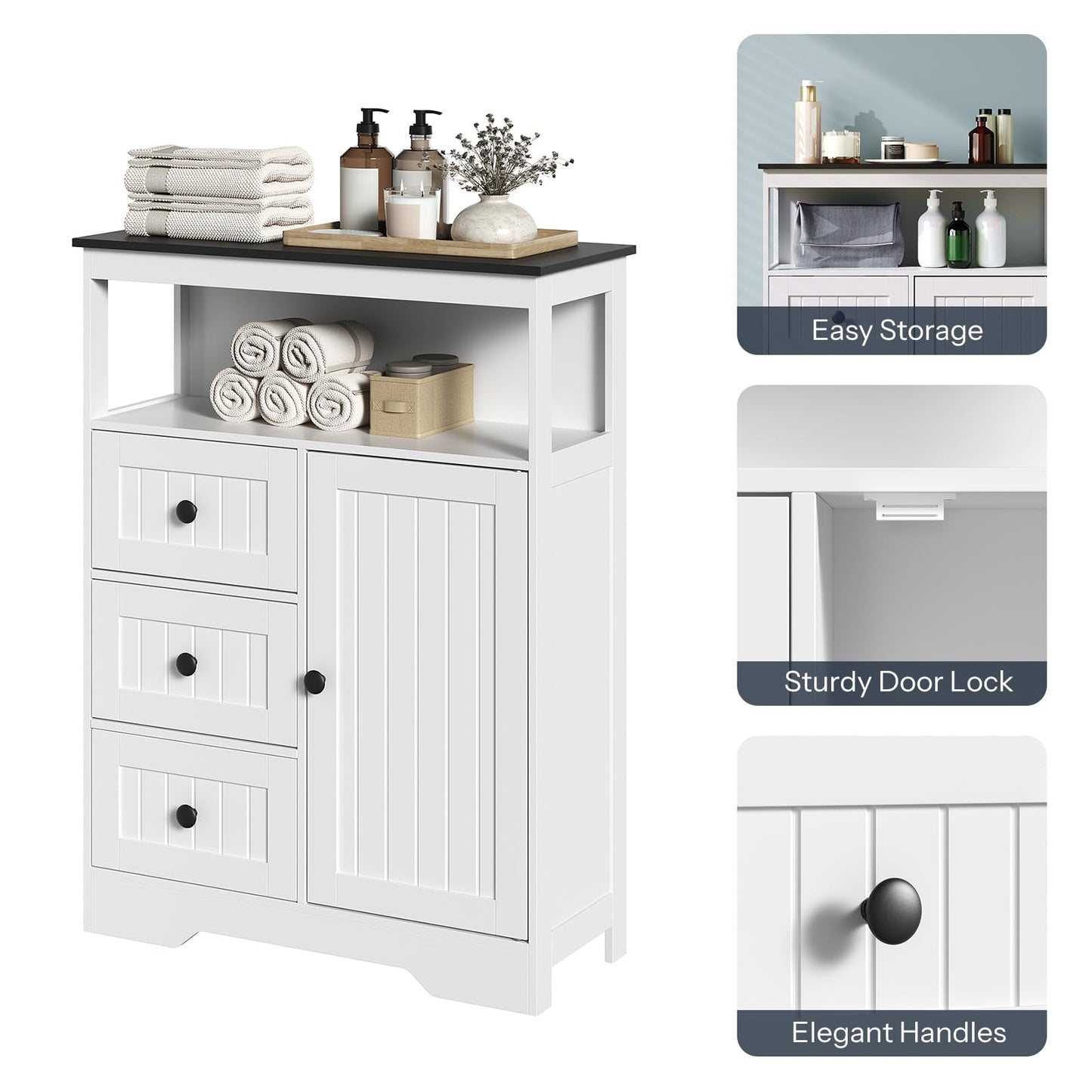 HOOBRO 28.3" Bathroom Storage Cabinet, Large Floor Cabinet, Freestanding Bathroom Storage Unit, 1 Cupboard and 3 Drawers, Adjustable Shelf, 28.3" L x 11.8" W x 37.8" H, White and Black