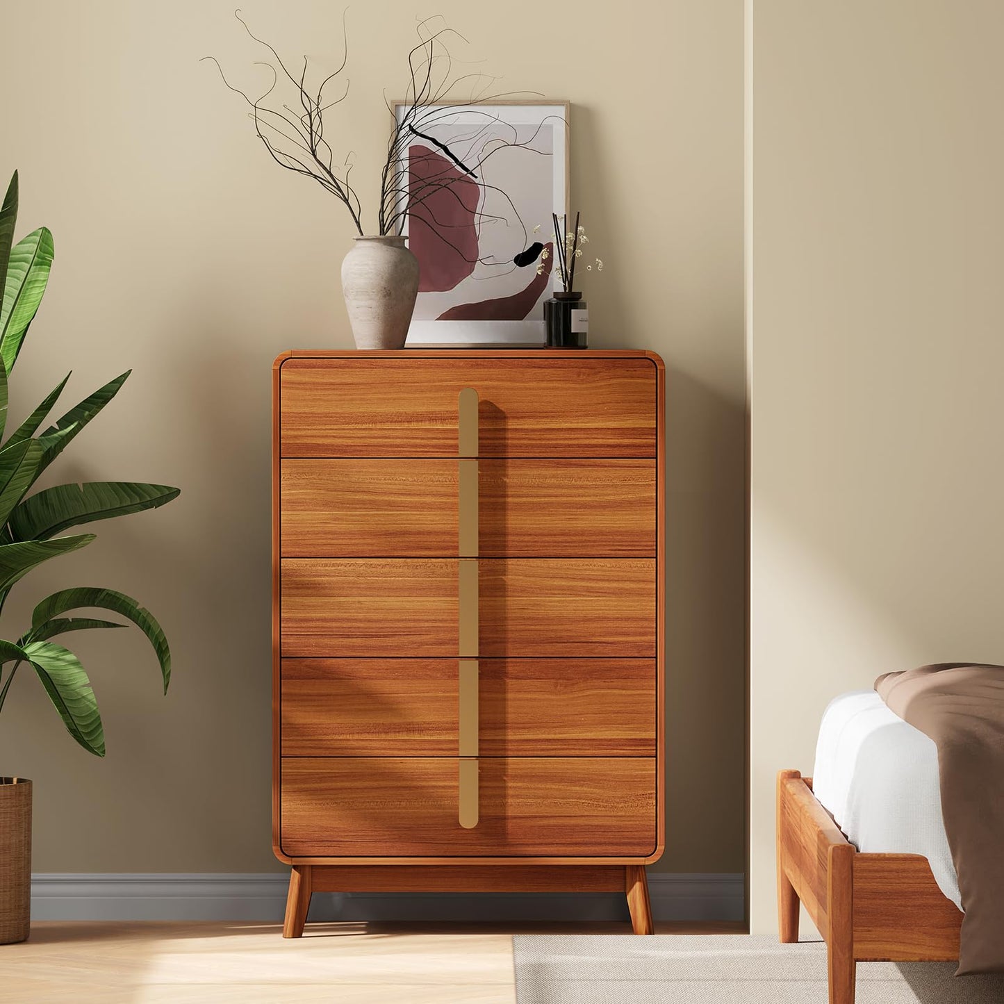 JOINICE,5 Drawer Dresser,Mid Century Modern Dresser with Storage,Tall Modern Chest of Drawers with Metal Handles,Large Wood Drawer Organizer for Bedroom,Living Room,Hallway,Cherry