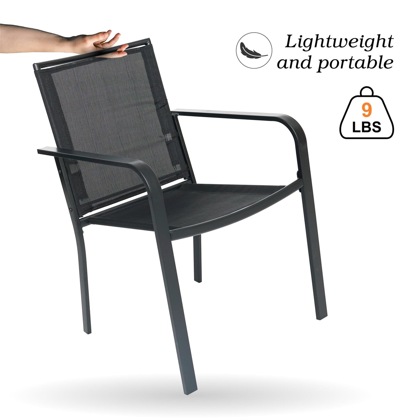 Anmutig Stackable Outdoor Dining Chairs Set of 4, Black Metal Frame with Mesh Fabric, Lightweight 9 lbs, Wide Seat, All Weather Dining Set for Lawn, Garden, Backyard, Poolside