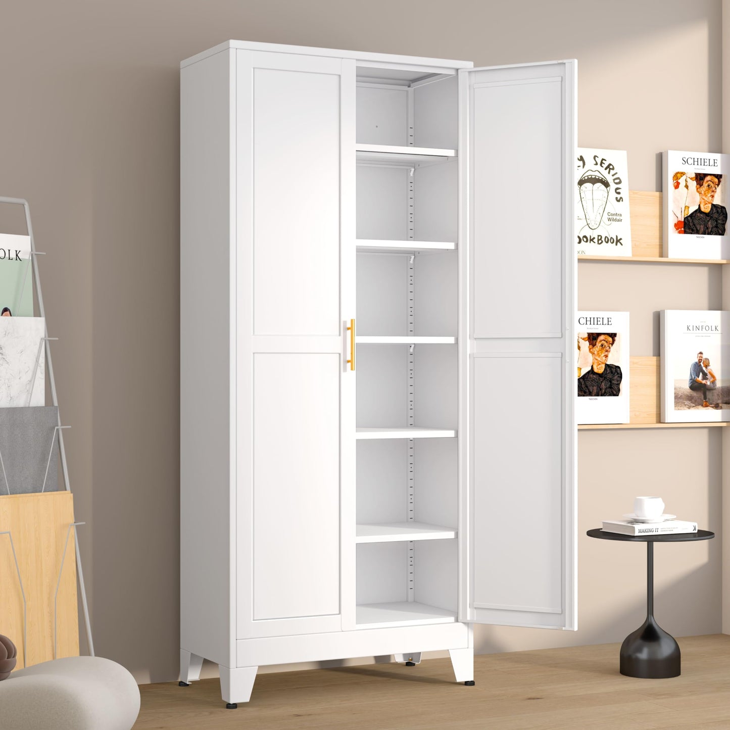 Metal Pantry Cabinet with 2 Doors and 5 Adjustable Shelves, 75" Kitchen Storage cabinets with Gold Handles, Versatile Storage for Laundry Room, Living Room, Bathroom, Dinning Room, Utility Room-White