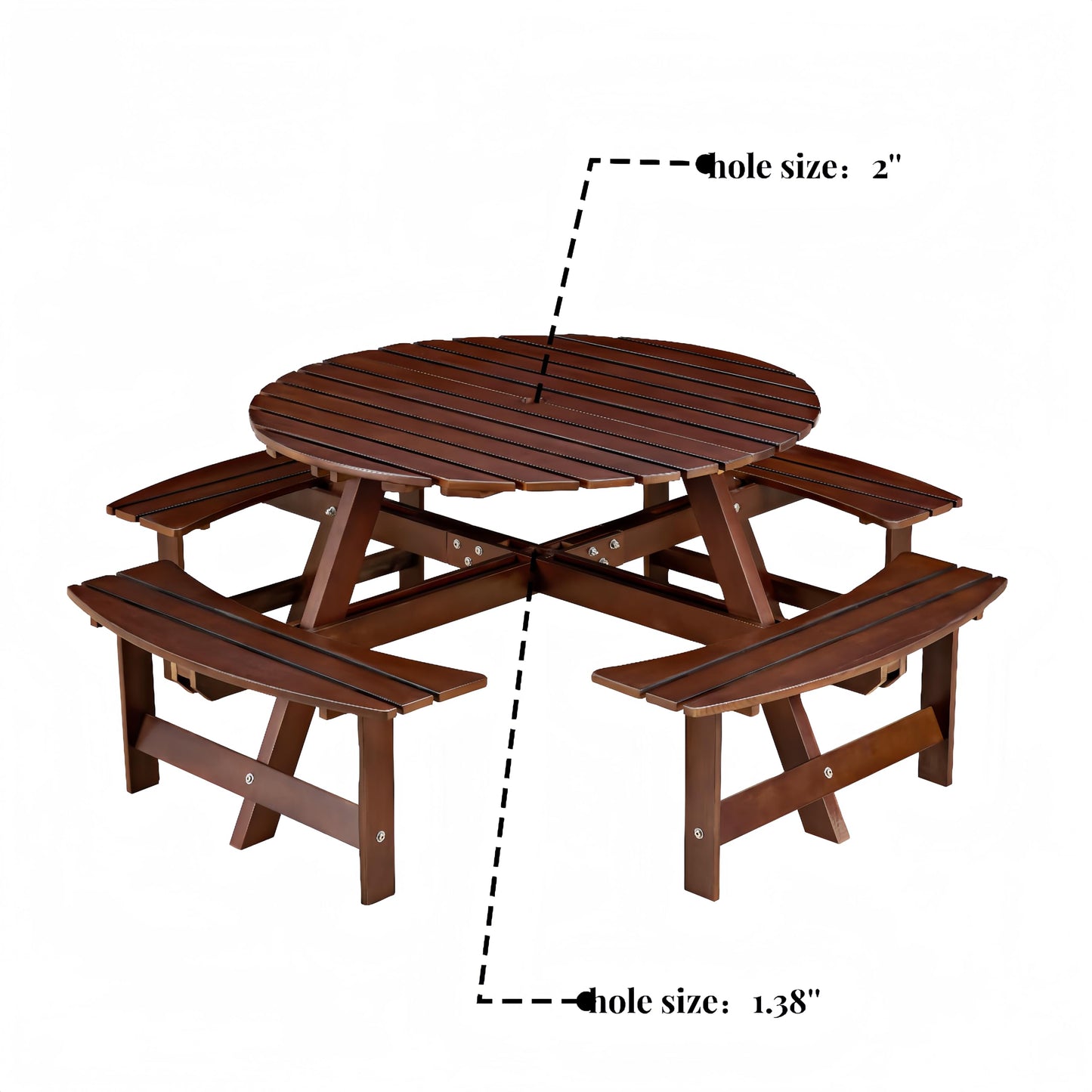 DOPERFE 8-Person Outdoor Picnic Round Table with Built-in Benches | All-Weather Wooden Patio Furniture for Gardens, Backyards and Porches | Includes 2" Umbrella Hole (Brown, 70.08"*70.08"*27.17")