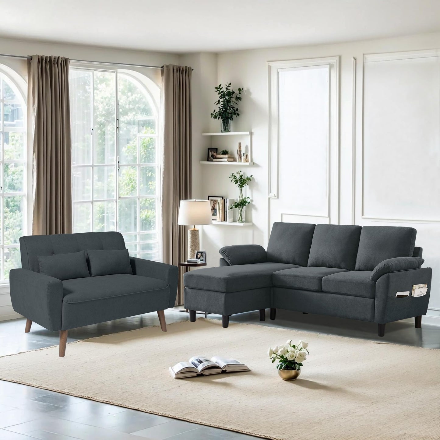 Jarenie 79" Convertible Sectional Sofa Sets, Modern L Shaped 3-Seat Couches with Reversible Chaise and Loveseat Sets for Living Room, Apartment, Dark Grey