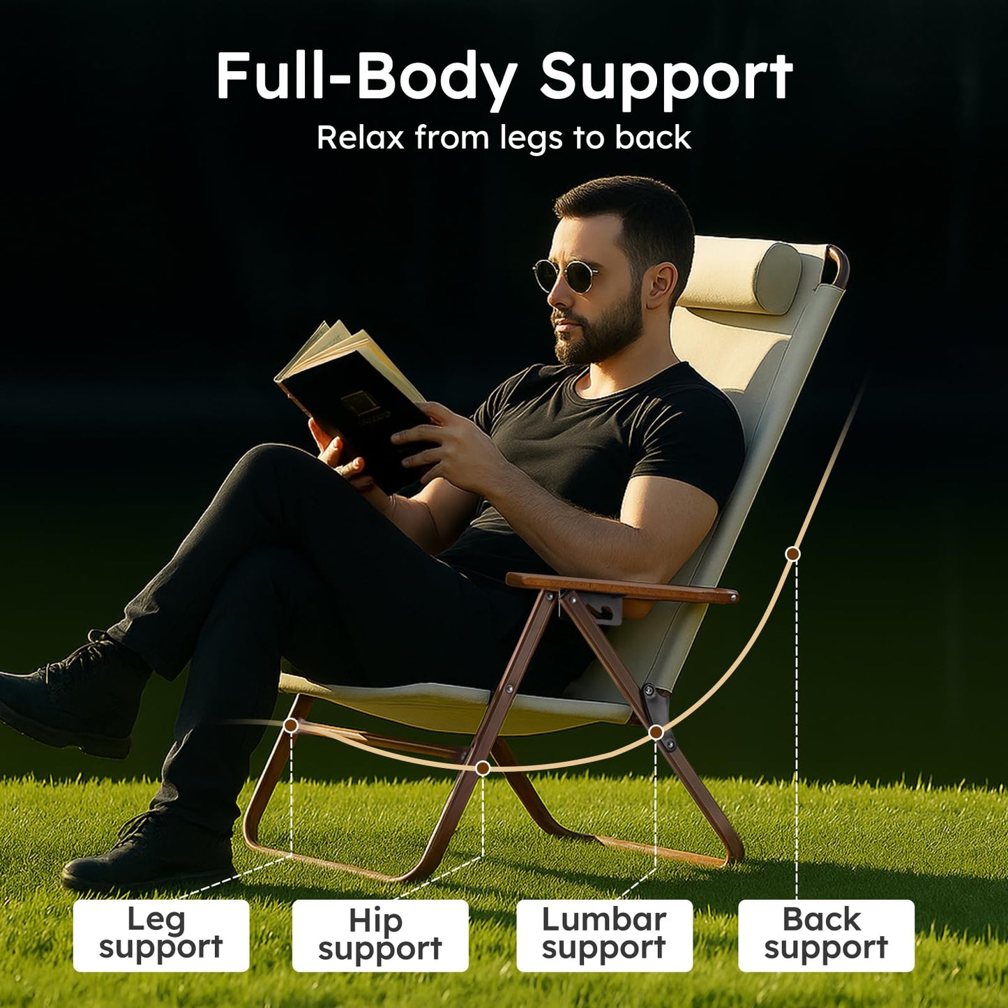LUCKPRO Folding Beach Camping Chair with Pillow for Adults - 3 Position Recliner Portable Camping Chairs Compact Fold Extra Wide Seat Outdoor Folding Chairs for Backyard, Patio Chairs & Travel