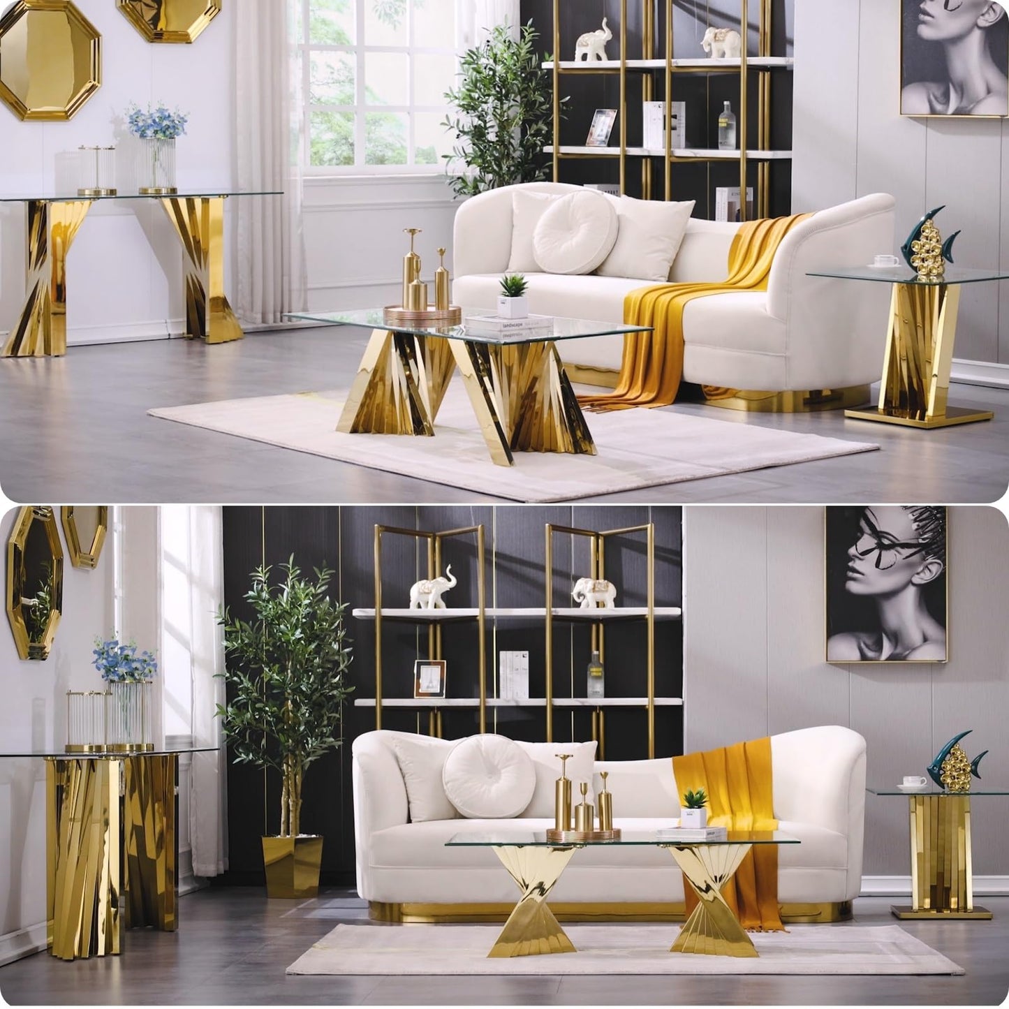 Anewsun Gold Coffee Table, 50" Rectangle Tempered Glass Living Room Coffee Table with Gorgeous Polished Stainless Steel Base