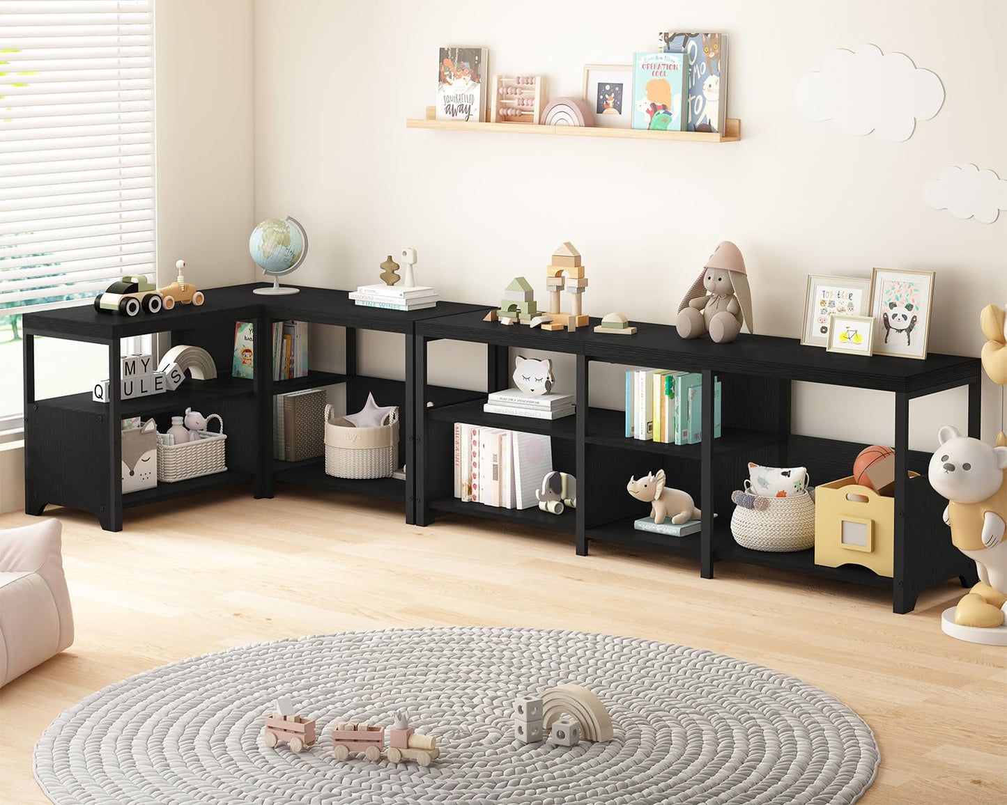 HSH Black Bench, 57” Long Entryway Bench with Shoe Storage, Corner Convertible Storage Bench with Shelf for Foyer Entrance, Wooden Metal L Shaped Shoe Rack Benchs for Bedroom Living Room, Black Oak