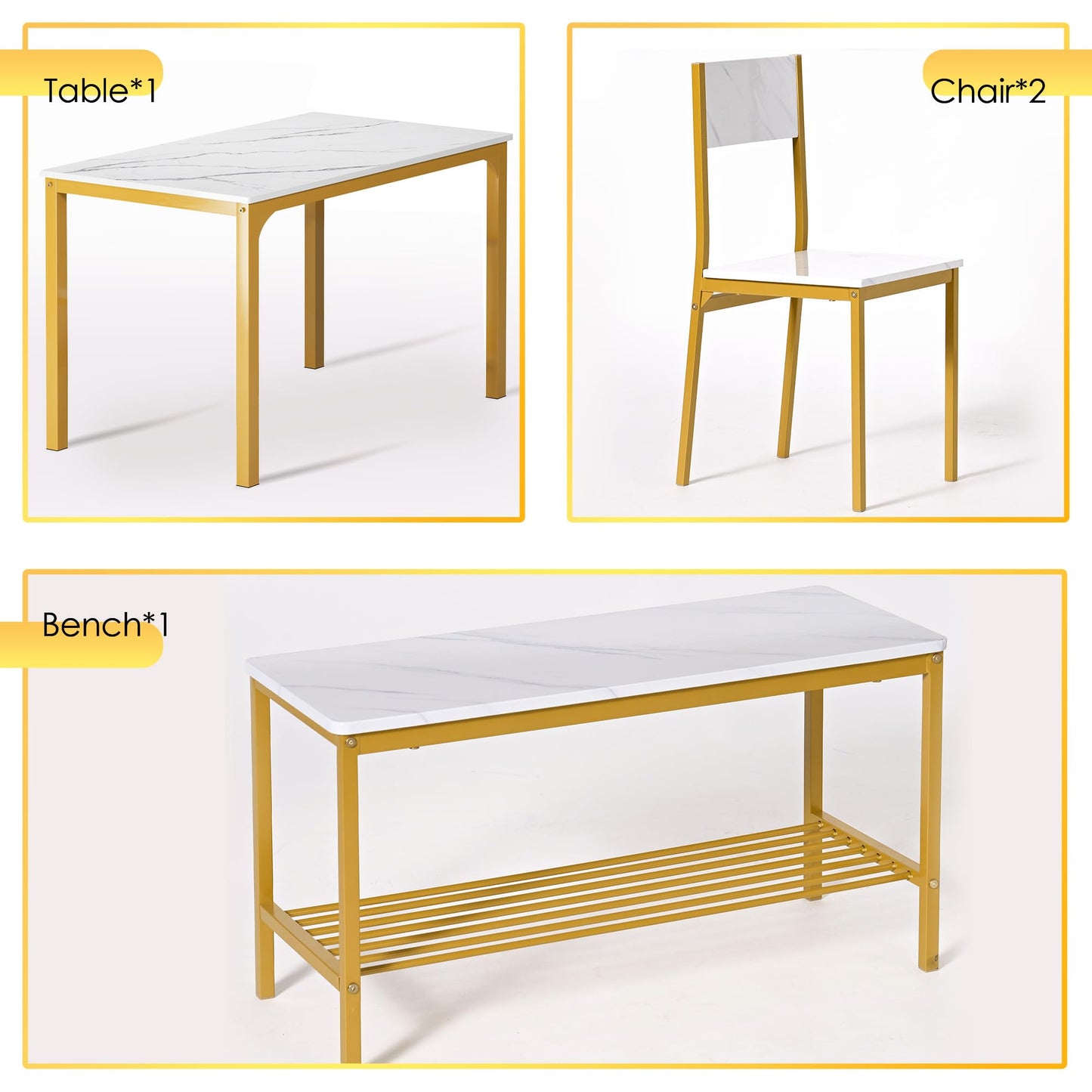 soges 4-Piece Dining Table Set with Bench - 4 Person Kitchen Table and 2 Chairs for Small Spaces, Apartment - Metal Frame & Woodgrain Tabletop, Space-Saving Design, Durable & Easy to Clean, Gold