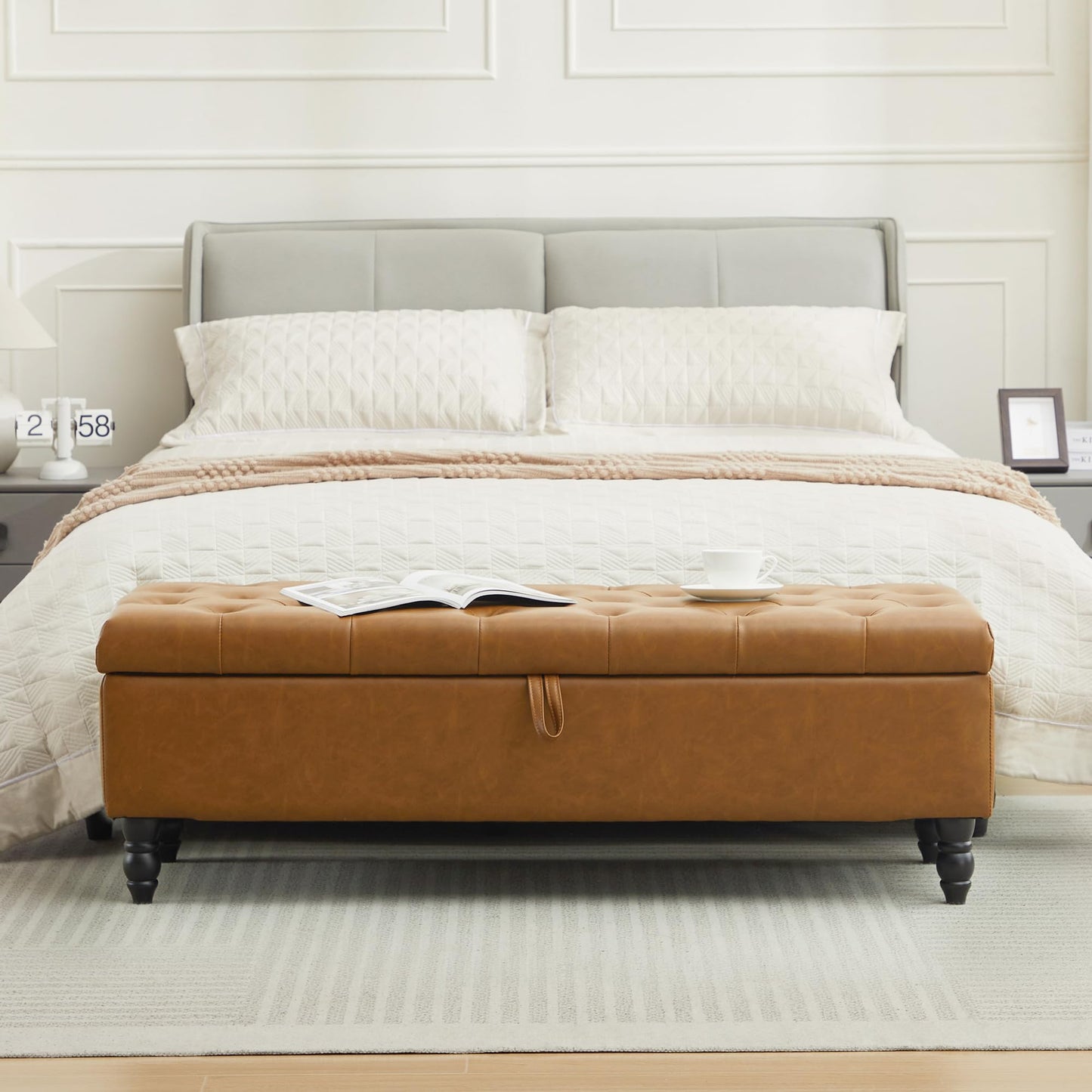 Hicosit 51 Inch Ottoman, Storage Bench Foot of Bed, Faux Leather Large Rectangular Upholstered Footstool for Bedroom End of Bed, Living Room, Entryway (PU Brown)
