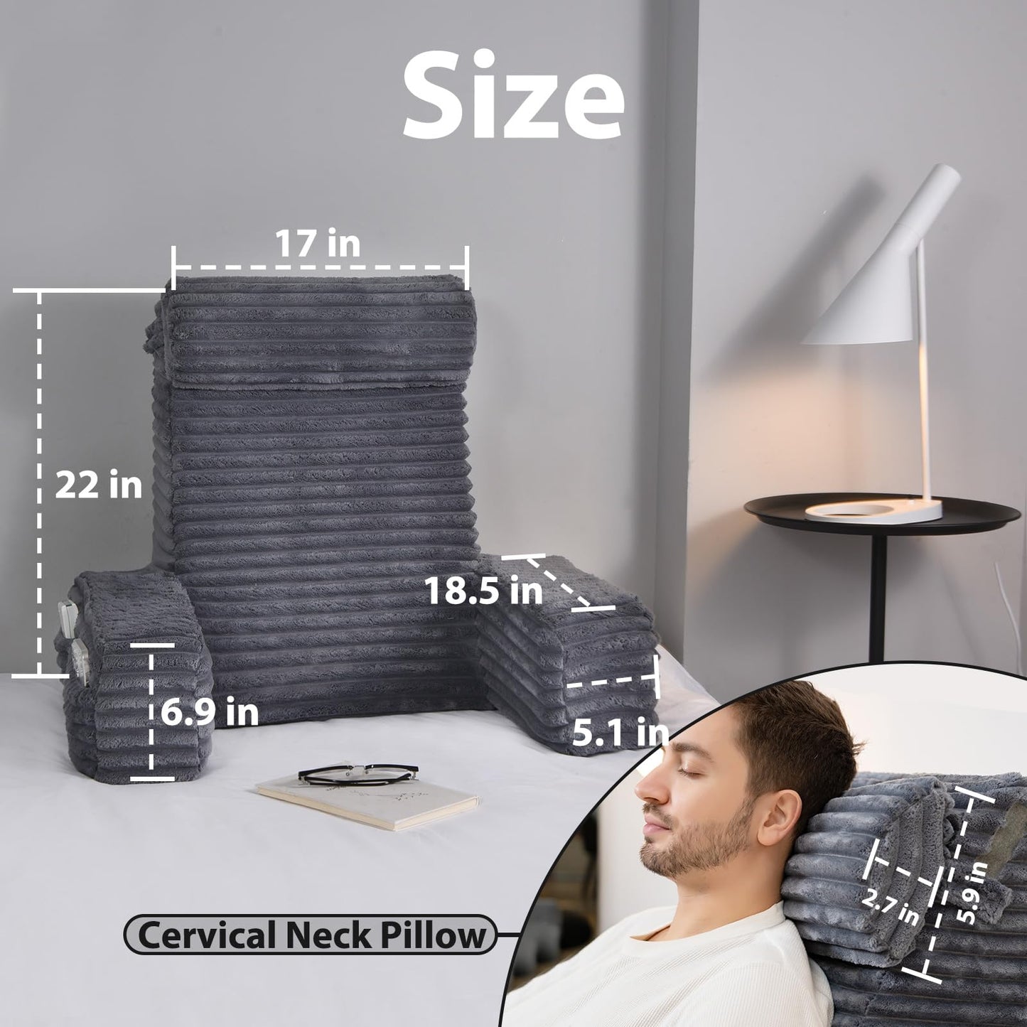 ENITYA Reading Pillow for Sitting in Bed Adult, XL Back Pillow for Bed Sitting up, Back Support Chair Pillow for Sitting up/Watching TV/Reading/Gaming/Resting/Post Surgery,Dark Grey