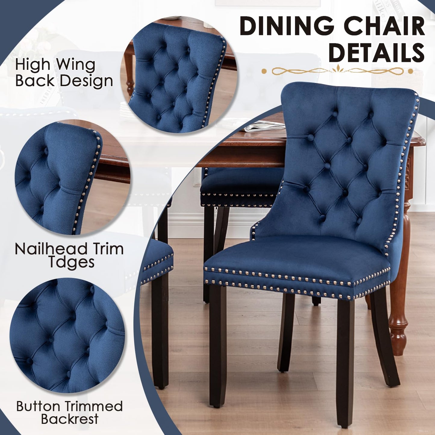 Kiztir Velvet Dining Chairs Set of 6, Upholstered Dining Room Chairs with Ring Pull Trim and Button Back, Luxury Tufted Dining Chairs for Living Room, Bedroom, Kitchen (Blue)