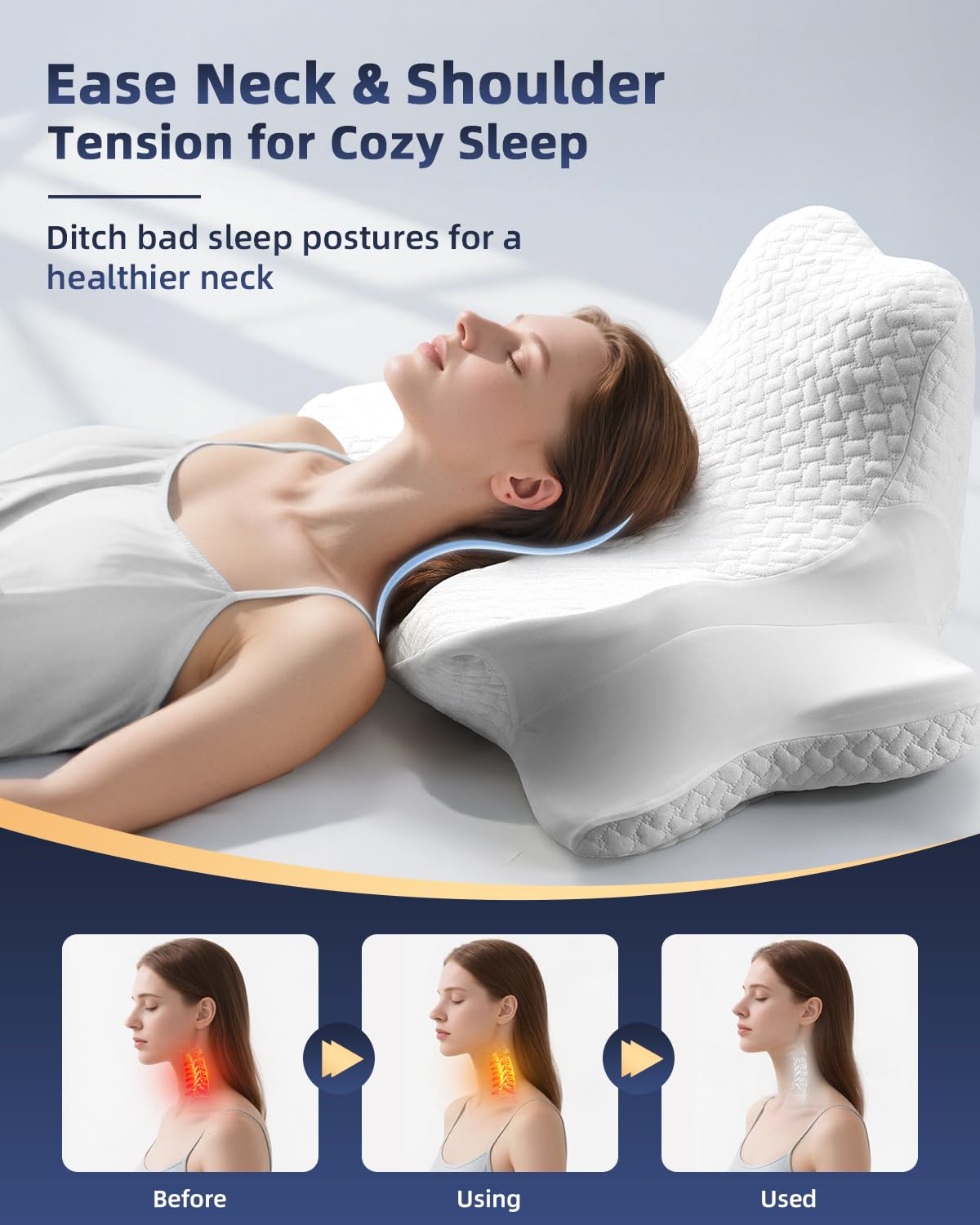 Cervical Neck Pillow for Neck Pain Relief,Ergonomic Memory Foam Pillows for Neck Support,Side Sleeper Pillows for Adults,Contour Orthopedic Bed Pillow for Back Stomach Sleepers(White)