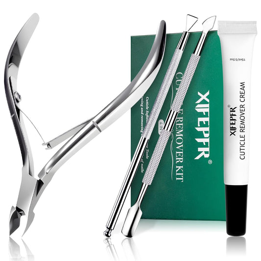 Cuticle Remover Kit, Cuticle Remover Cream, Cuticle Trimmer, Cuticle Pusher, Cuticle Nipper, Professional Cuticle Remover Tools Set, Stainless Steel Manicure Tools with 15ml Cuticle Softener