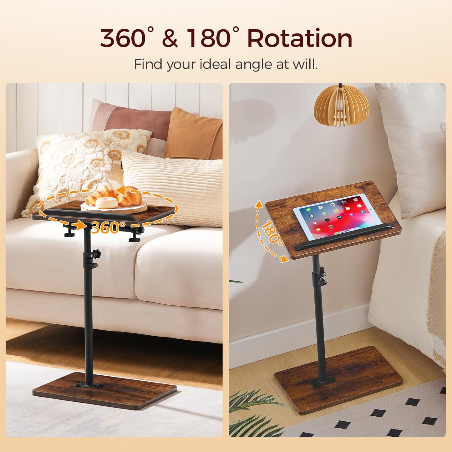 MAHANCRIS TV Tray Table, Sofa Armrest Tray Table for Couch, 360° Swivel Height Adjustable End Table, Snack Side Table with Phone and Tablet Slot, Rustic Brown ETRB4501