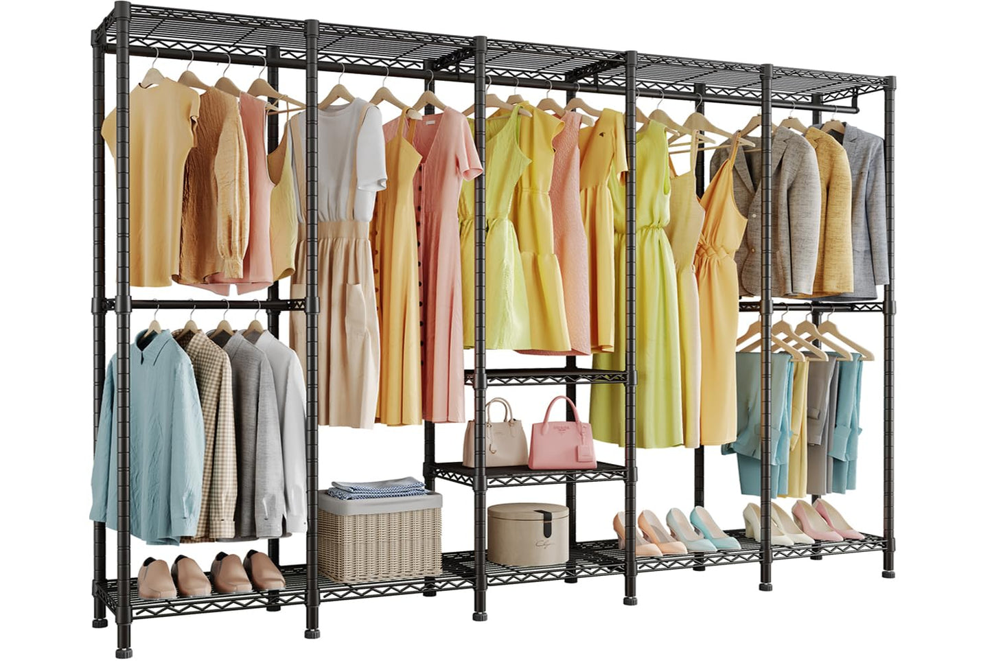 Higeego H5 Extra Large Wire Garment Rack, Heavy Duty Clothes Rack, Large Wardrobe Closet, Freestanding Closet Rack for Hanging Clothes, Clothing Racks with Adjustable Shelf, 93.3"Lx15.7"Wx75.4"H,Black
