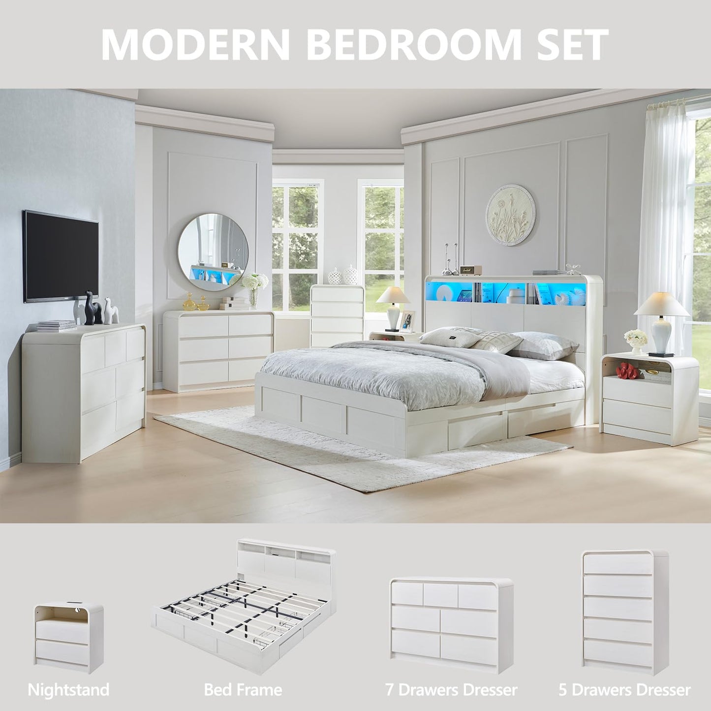 Aitjunz Modern King Size Bed Frame with 50" Tall Storage Headboard, Wood King Size Platform Bed Frame w/4 Drawers, Curved Profile Design, LED Light,Charging Station,No Box Spring Needed,Antique White