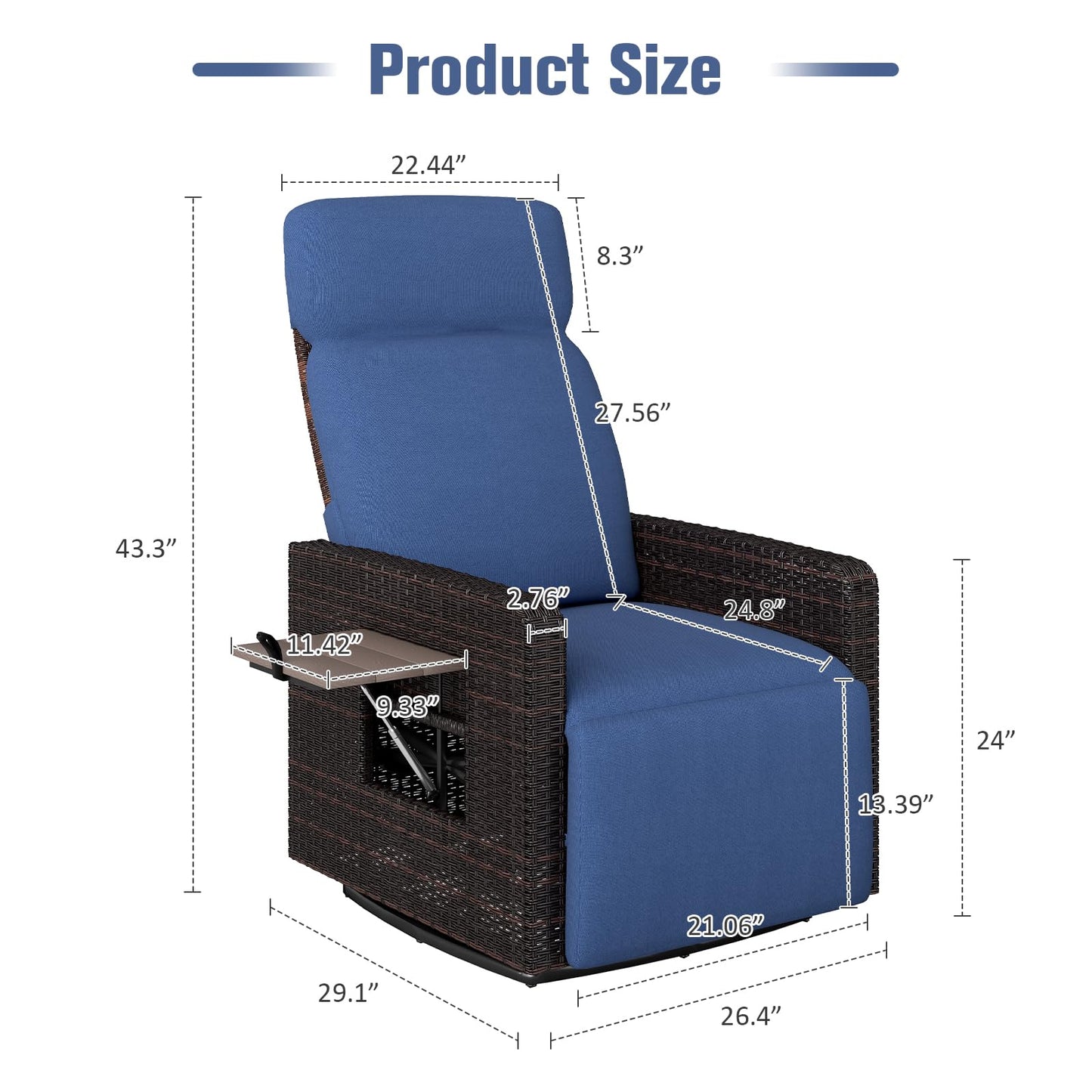 Kinfant Outdoor Recliner Chair with Adjustable Backrest, Flip Table, Thickened Cushion- for Patio, Poolside, Lawn, Backyard (Blue)