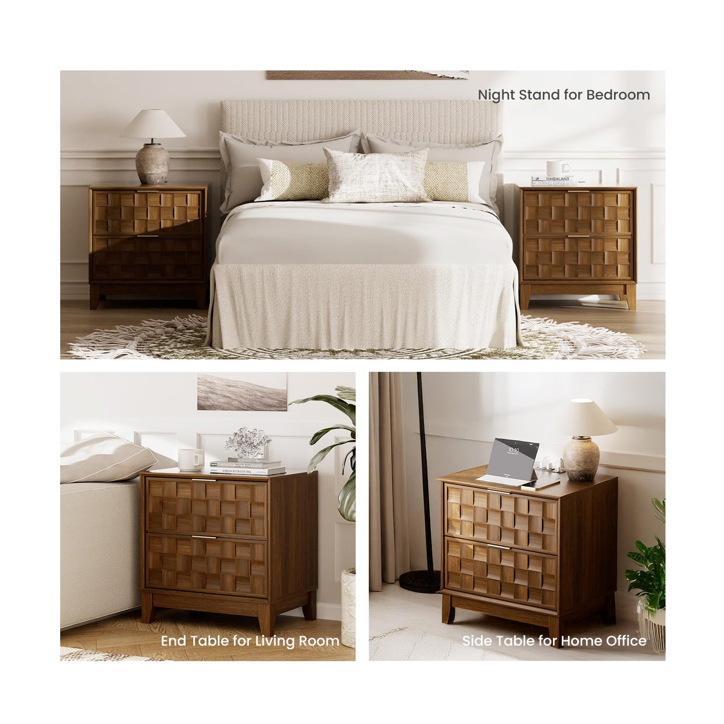 COLAMY Nightstand with Charging Station, 22" Modern Bed Side Table with 2 Storage Drawers and Chessboard Relieffor Bedroom, Dorm and Small Spaces - Walnut