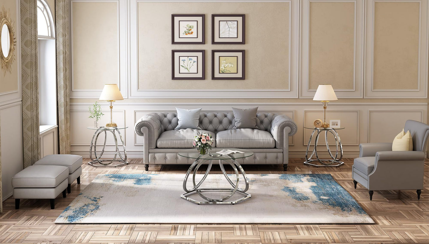 O&K FURNITURE Glass Coffee Table, Modern Silver Coffee Table Living Room Table with Hexagonal Base, Round Coffee Table for Home&Office, Chrome Finish, 1 PC