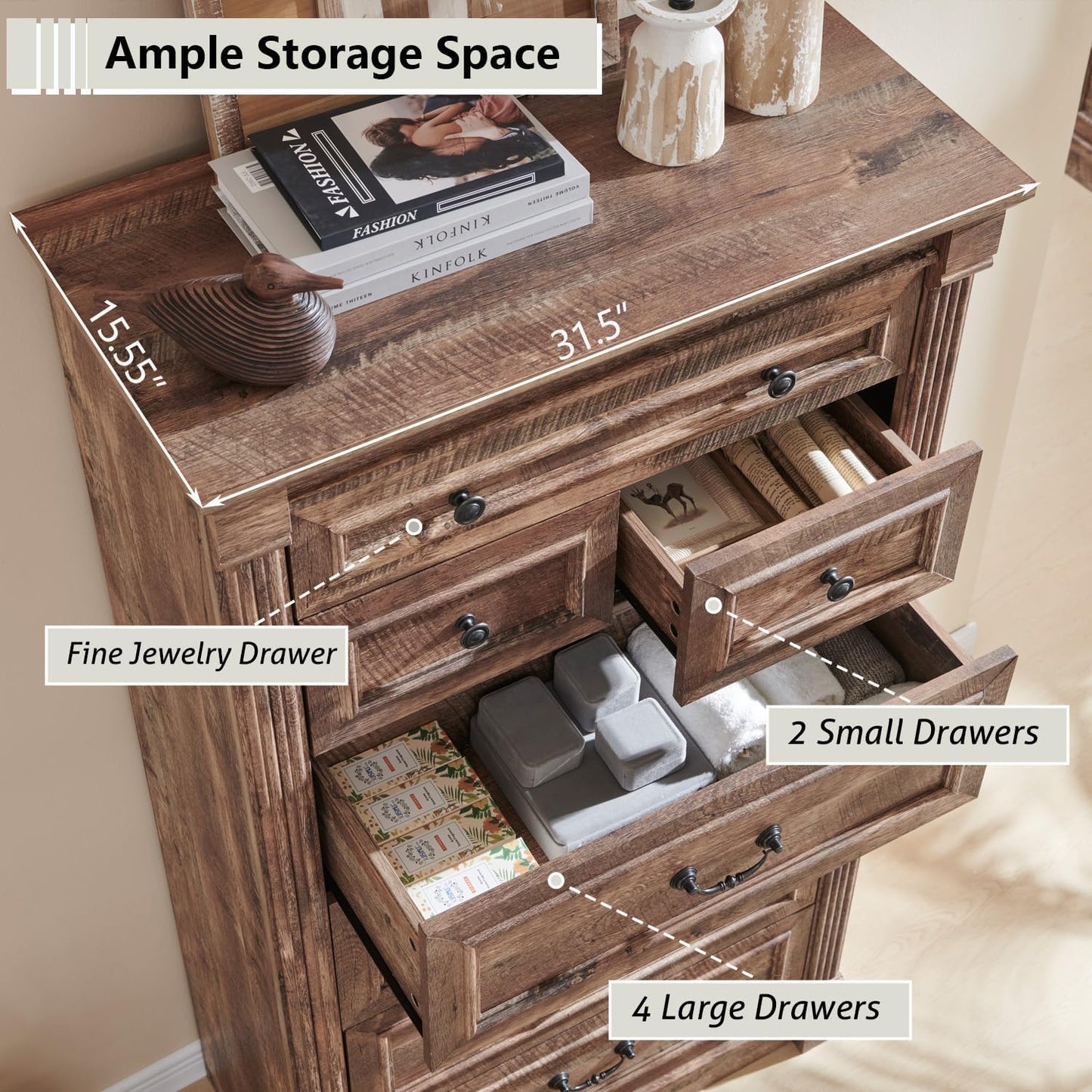 Aitjunz Farmhouse 7 Drawers Dresser for Bedroom, 57" Tall Large Dressers & Chests of Drawers w/Roman Column, Storage Dressers Organizer for Bedroom, Hallway, Living Room, Light Brown