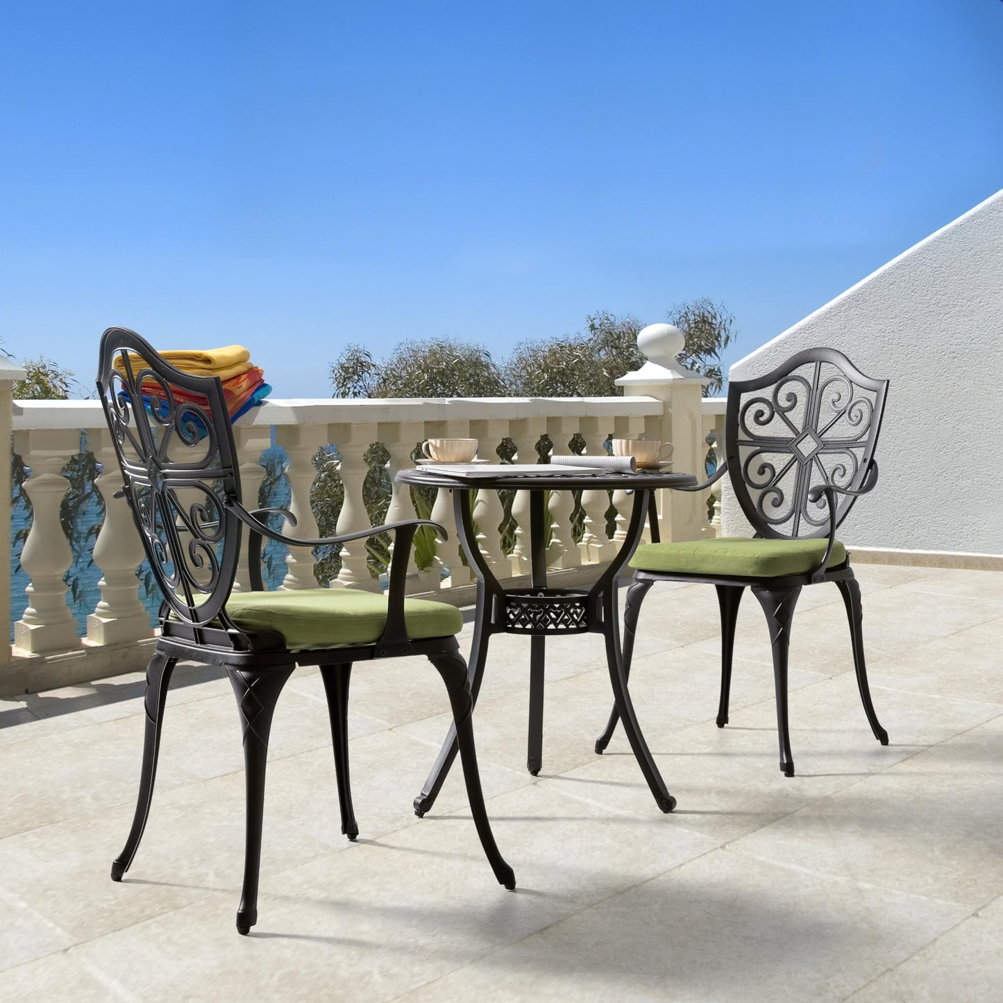 NUU GARDEN 3 Piece Outdoor Bistro Set Cast Aluminum Patio Set Bistro Table Set Rustproof Patio Table and Chairs with Umbrella Hole and Green Cushions for Backyard, Balcony, Porch, Black