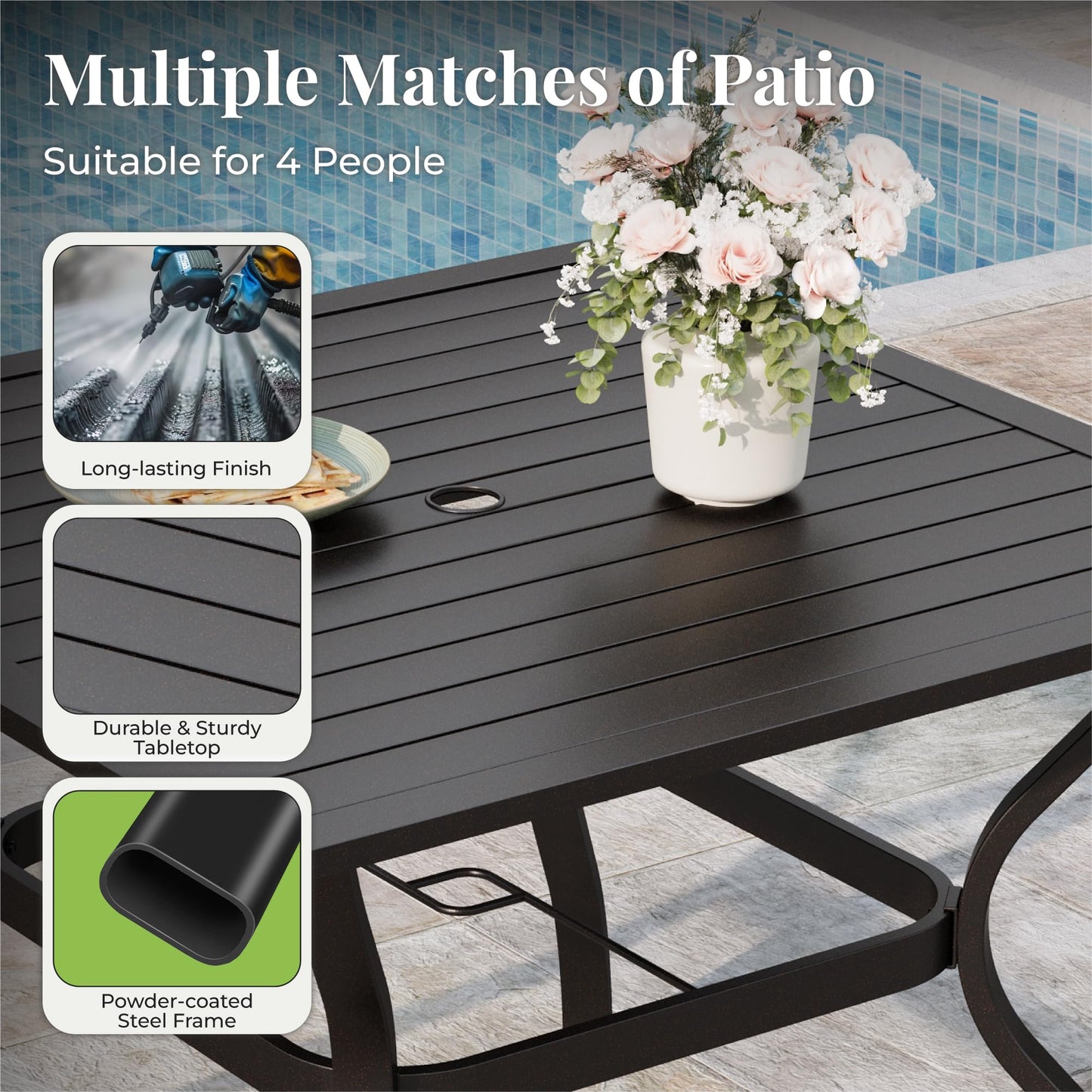 MIXPATIO 5 Pieces Patio Table and Chairs Set for 4, Outdoor Dining Furniture Set, with Blue Textilene Chairs and 37" Square Metal Umbrella Hole Table, for Deck Backyard Lawn