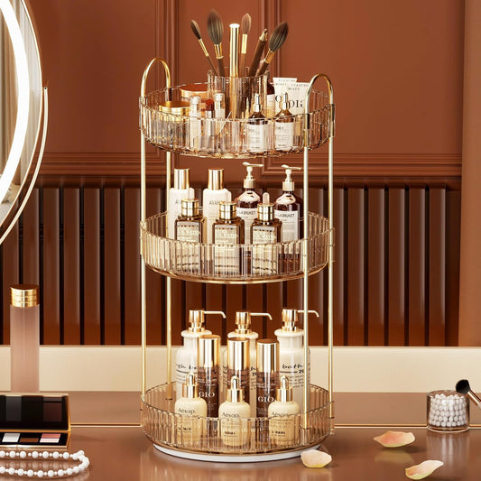 360° Rotating Makeup Organizer, Large-Capacity Skincare Make Up Storage 3 Tier Perfume Organizers Cosmetic Dresser Organizer with Makeup Brush Holder, Fits Bedroom, Bathroom, Vanity Shelf Countertop