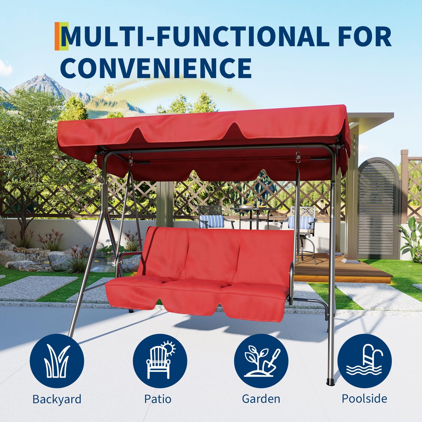 Outdoor Swing Chair with Adjustable Canopy, 3-Person Outdoor Patio SwingChair with Adjustable Tilt Shade, Porch Swing 3 Seater with Canopy