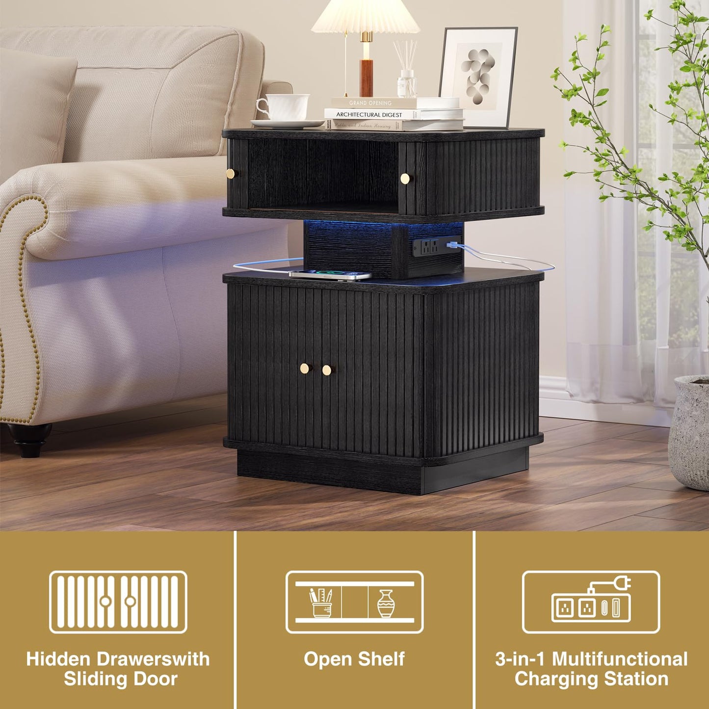 Night Stand, LED Nightstand, Bedroom Night Stand with Charging Station, 2 Drawer Nightstand, Modern Nightstands with Curvy Edge and Sliding Door, Small Bedside Table for Bedroom, Black