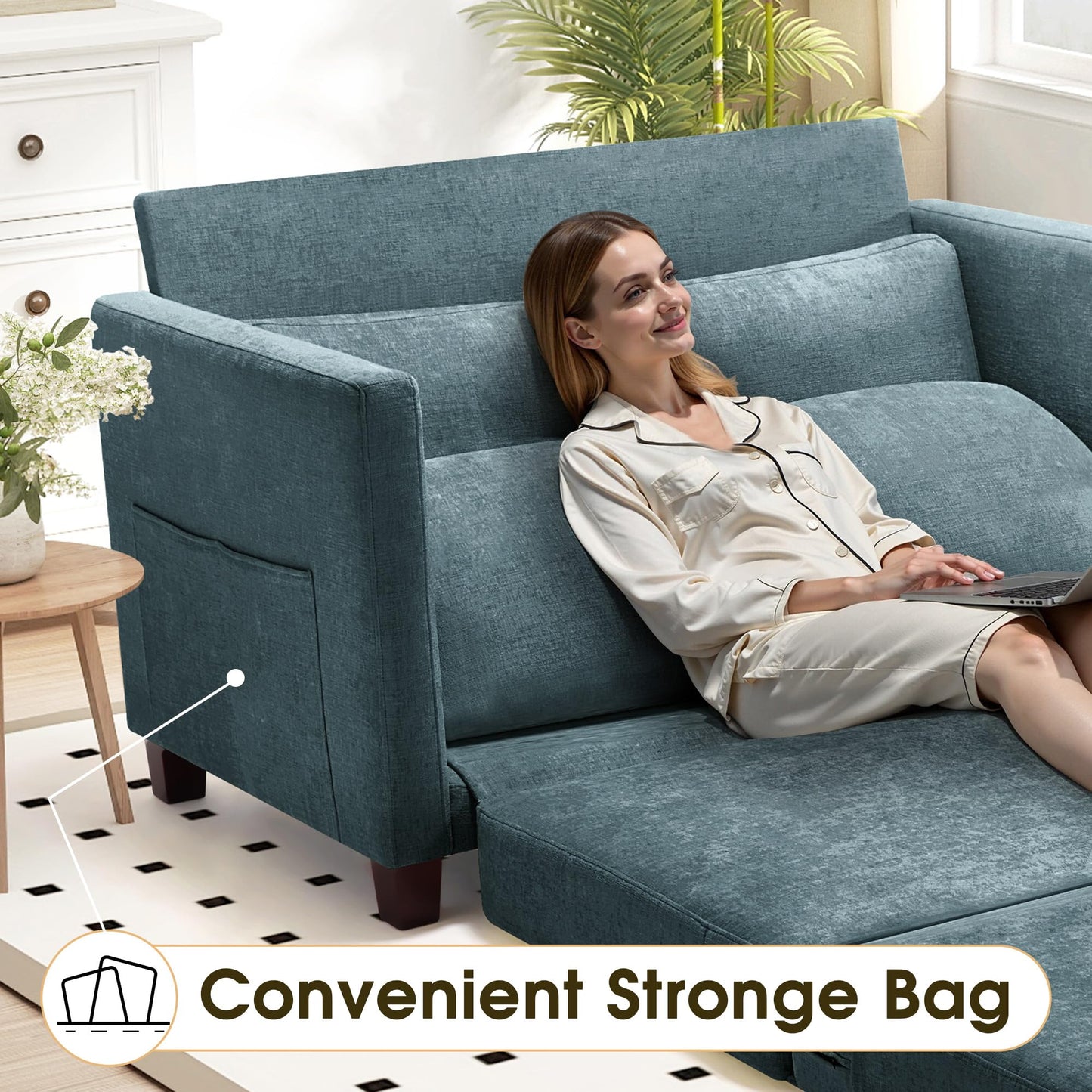 Myroyalsit 51" Convertible Loveseat Sofa Bed, 2-in-1 Folding Sofa Bed with 2 Pillow for Small Spaces, Modern Loveseat Sleeper Couch for Apartment, Living Room & Guest Room (Light Blue)