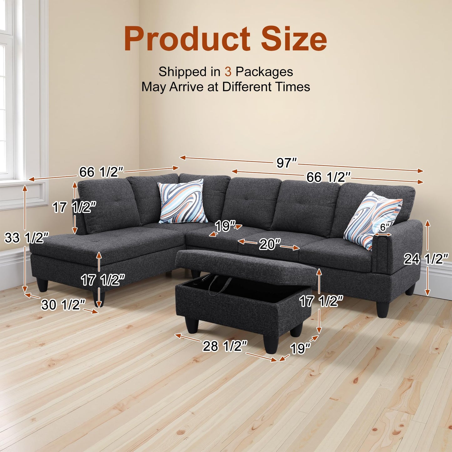 Osparple L Shaped Couch Sectional Couches for Living Room Upholstered Linen Fabric 3 Pieces Modular Sectional Sofa with Chaise, Ottoman with Storage for Small Apartment, Charcoal
